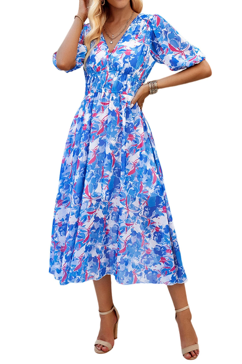 UEAL Womens Floral Flowy Wrap V Neck Midi Dress Short Sleeve Elastic Waist Casual Spring Summer Dresses for Women 2025