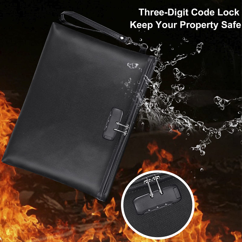 Fireproof Money Bag with Lock, 11.2"x7.6" Fireproof Cash Bag with Zipper Closure, Storage Pouch for A5 Size Document, Cheque, Cash, Cell Phone, Tablet, Credit Card, Passport, Jewelry (Black)