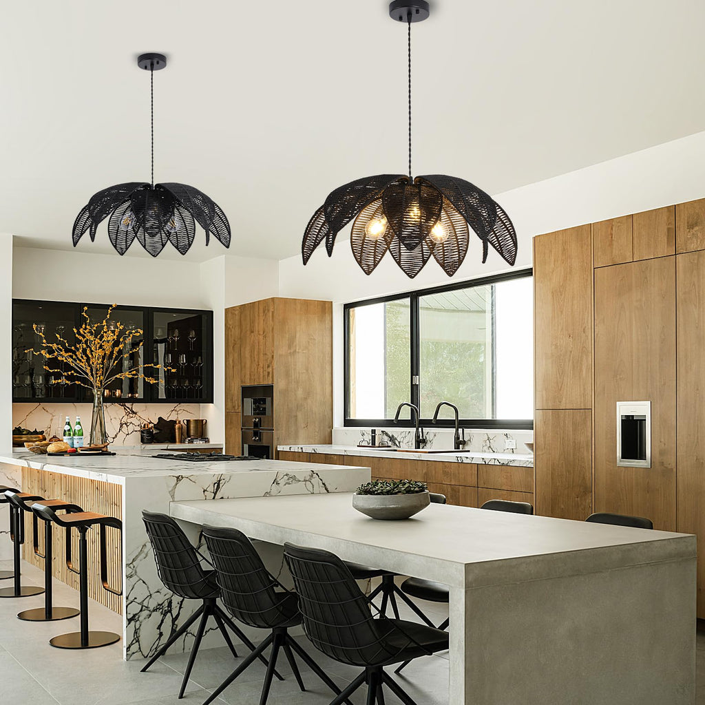 Farmhouse Chandeliers for Dining Room, 3-Light Rattan Boho Chandelier Light Fixture Hand Woven Wicker Pendant Light 24", Coastal Hanging Pendant Light for Kitchen Island Bedroom Living Room