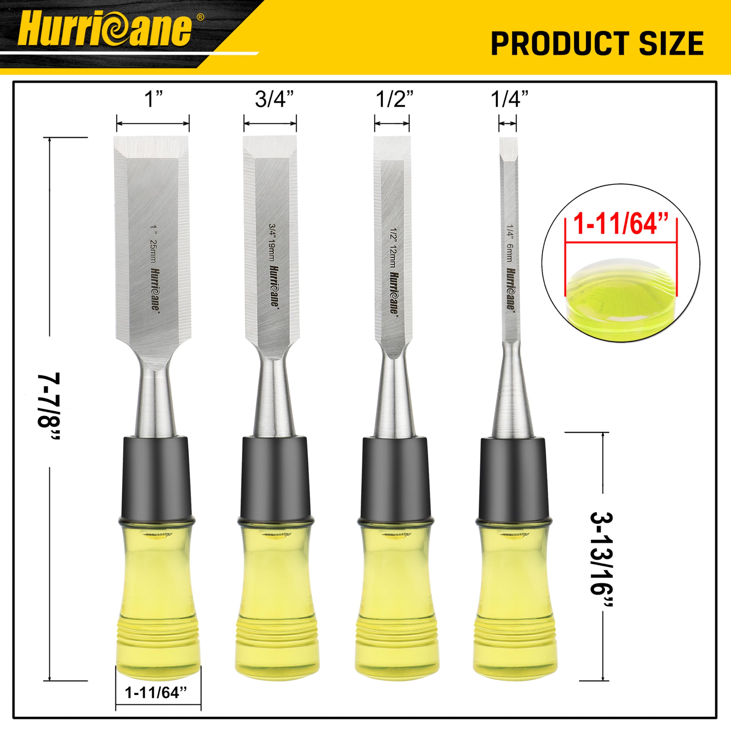 HURRICANE 4 Piece Wood Chisel Set for Woodworking. CR-V Steel Beveled Edge Blades with Safety Caps. Extra Large Grip, Impact-Resistant PVC Handle Chisels (1/4", 1/2", 3/4", 1")