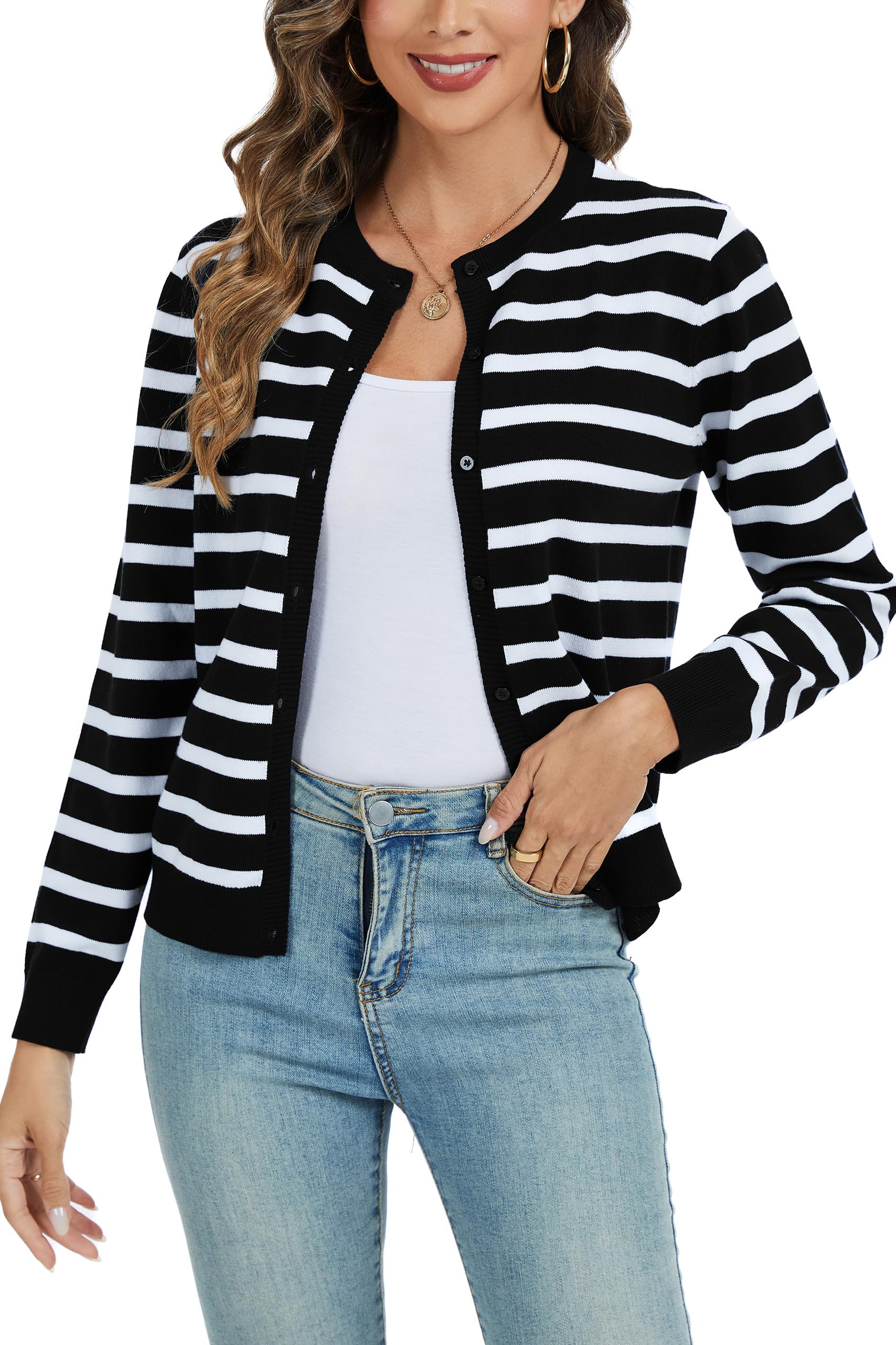 CUNYI Women's Crew Neck Cardigan Long Sleeve Sweater for Women Button Down Soft Knit Ladies Cardigan Sweates Coat