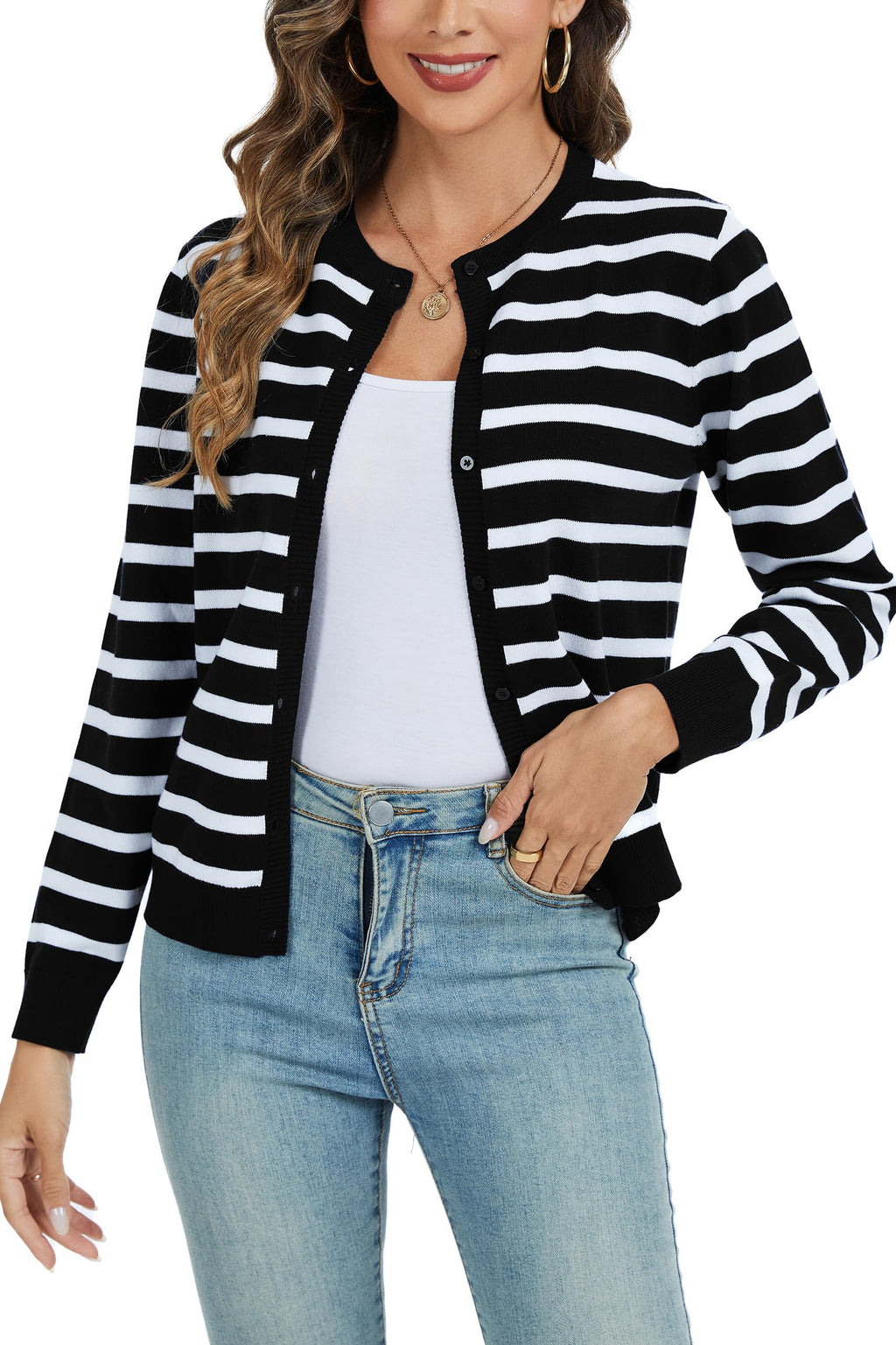 CUNYI Women's Crew Neck Cardigan Long Sleeve Sweater for Women Button Down Soft Knit Ladies Cardigan Sweates Coat