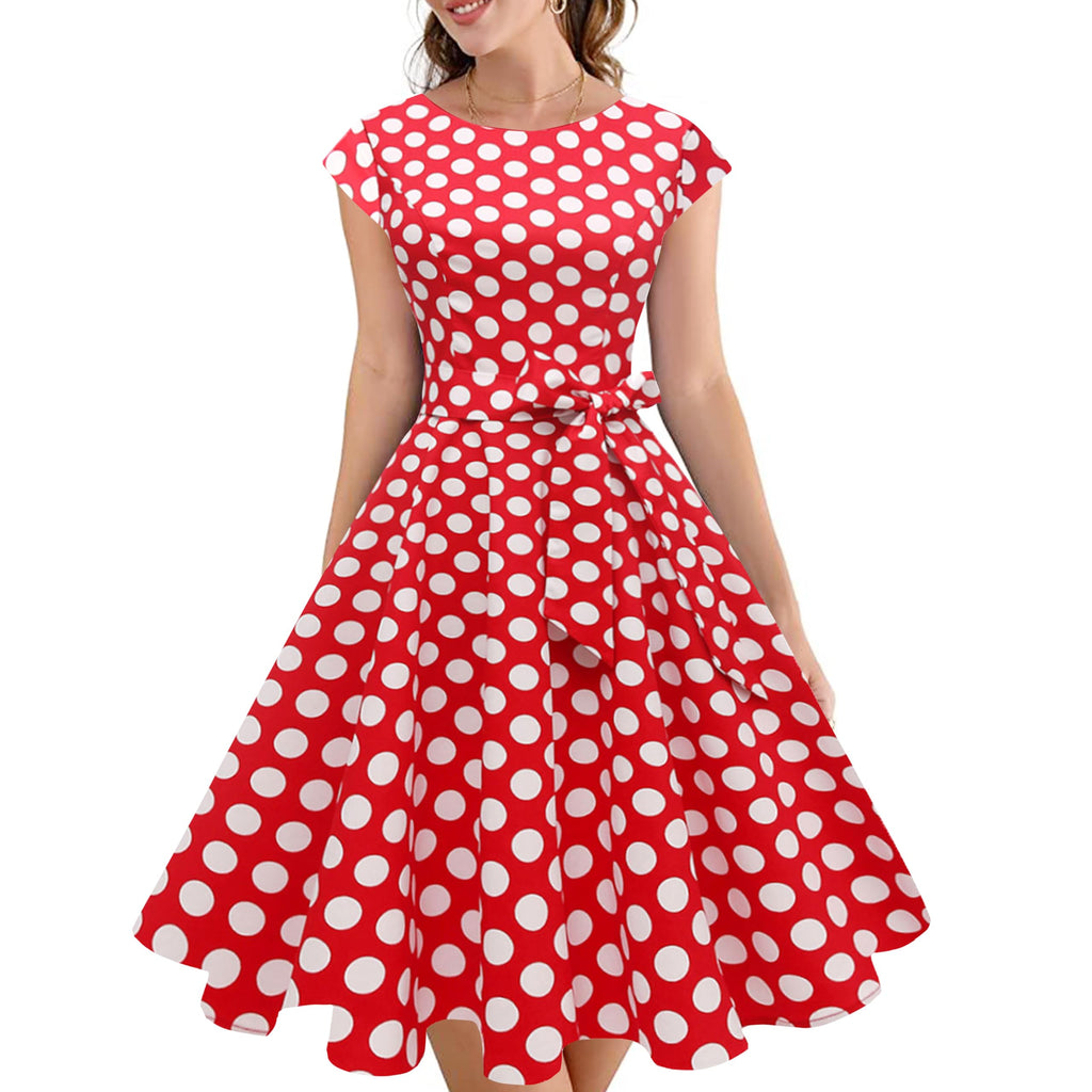 PUKAVT Women's 1950 Boatneck Cap Sleeve Vintage Swing Cocktail Party Dress with Pockets
