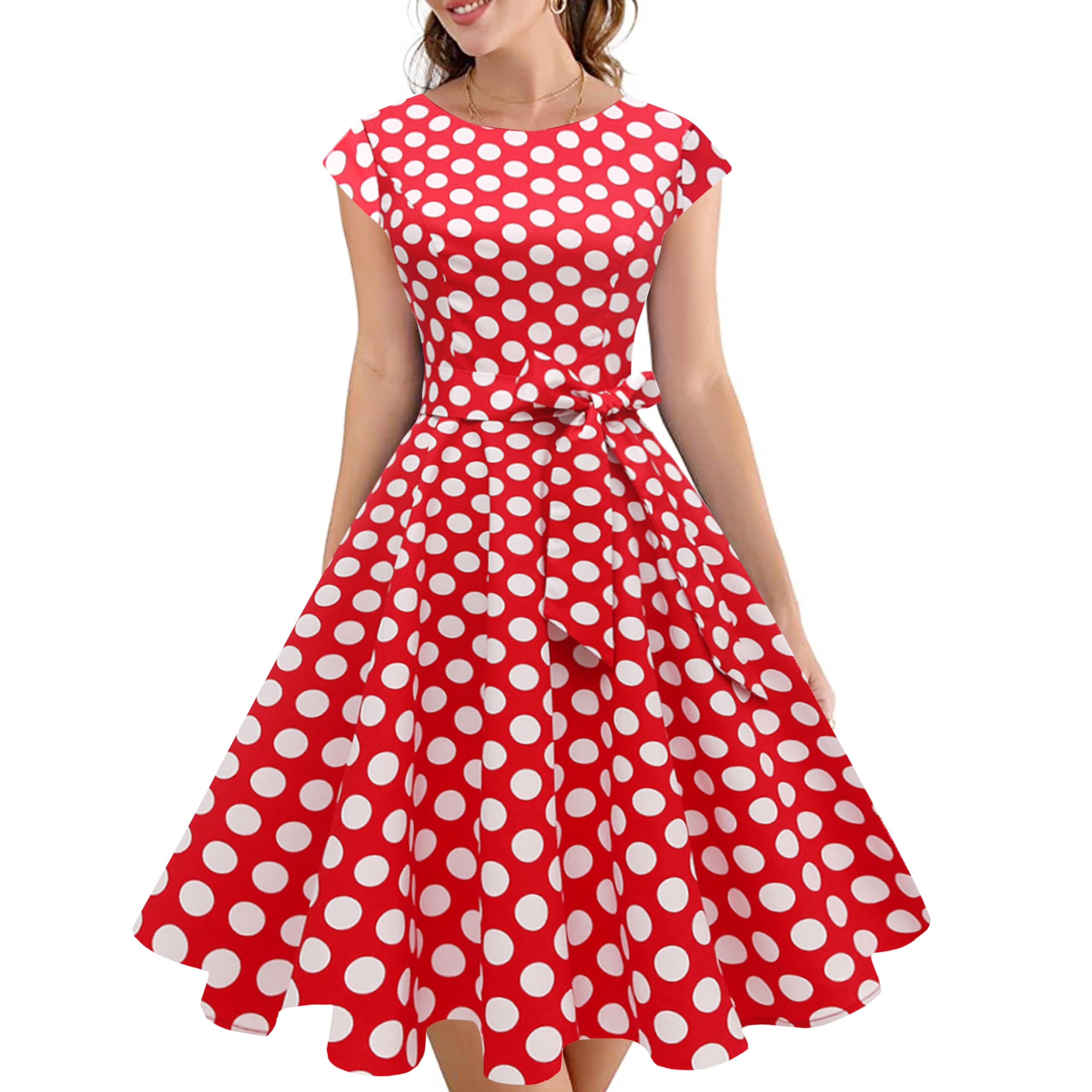 PUKAVT Women's 1950 Boatneck Cap Sleeve Vintage Swing Cocktail Party Dress with Pockets