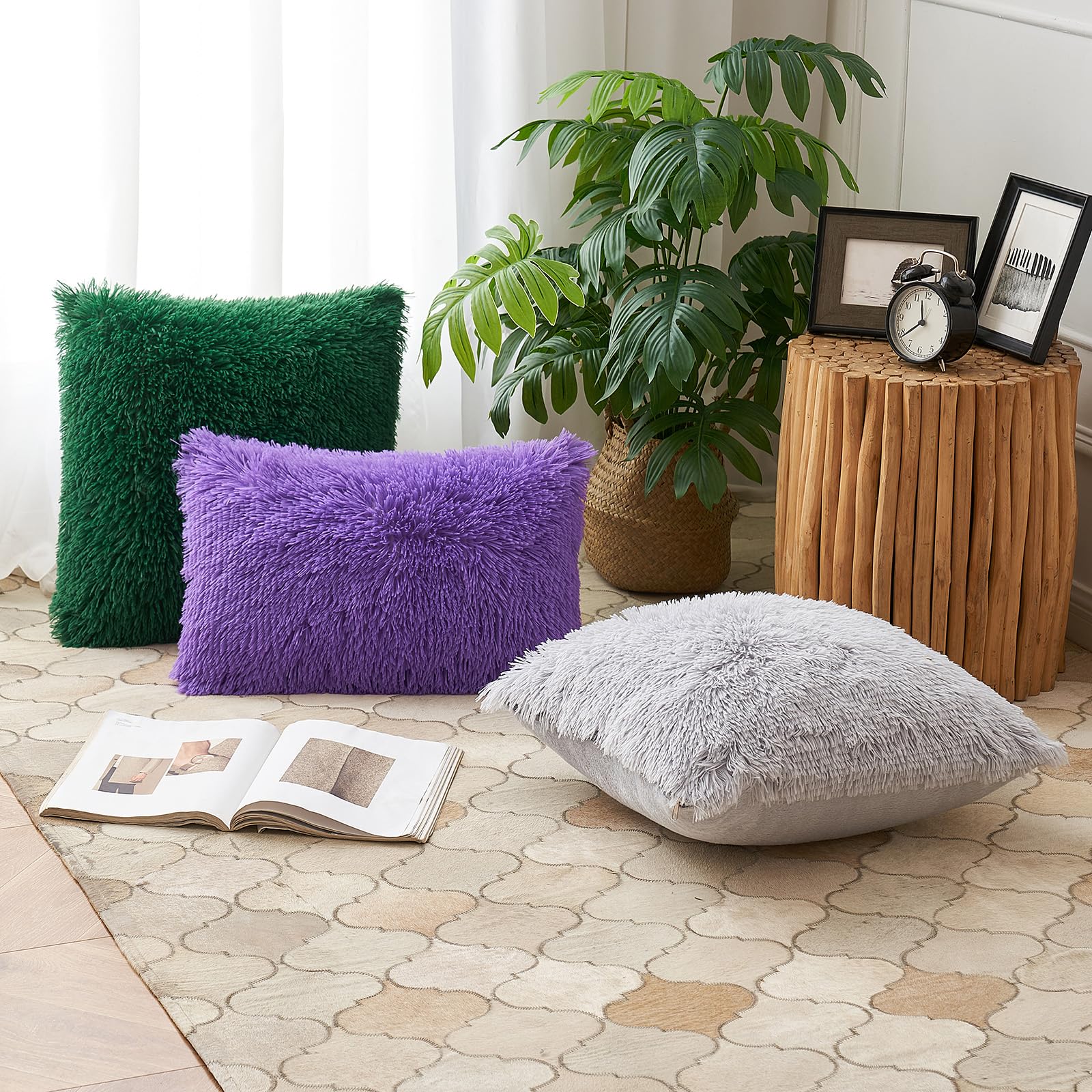 ANRODUO Pack of 2 Baby Pink Throw Pillow Covers Luxury Fluffy Pillows Faux Fur Decorative Pillows Plush Cushion Case Fuzzy Mongolian Merin Style for Bed Couch Sofa Living Room Summer Decor 16x16 Inch