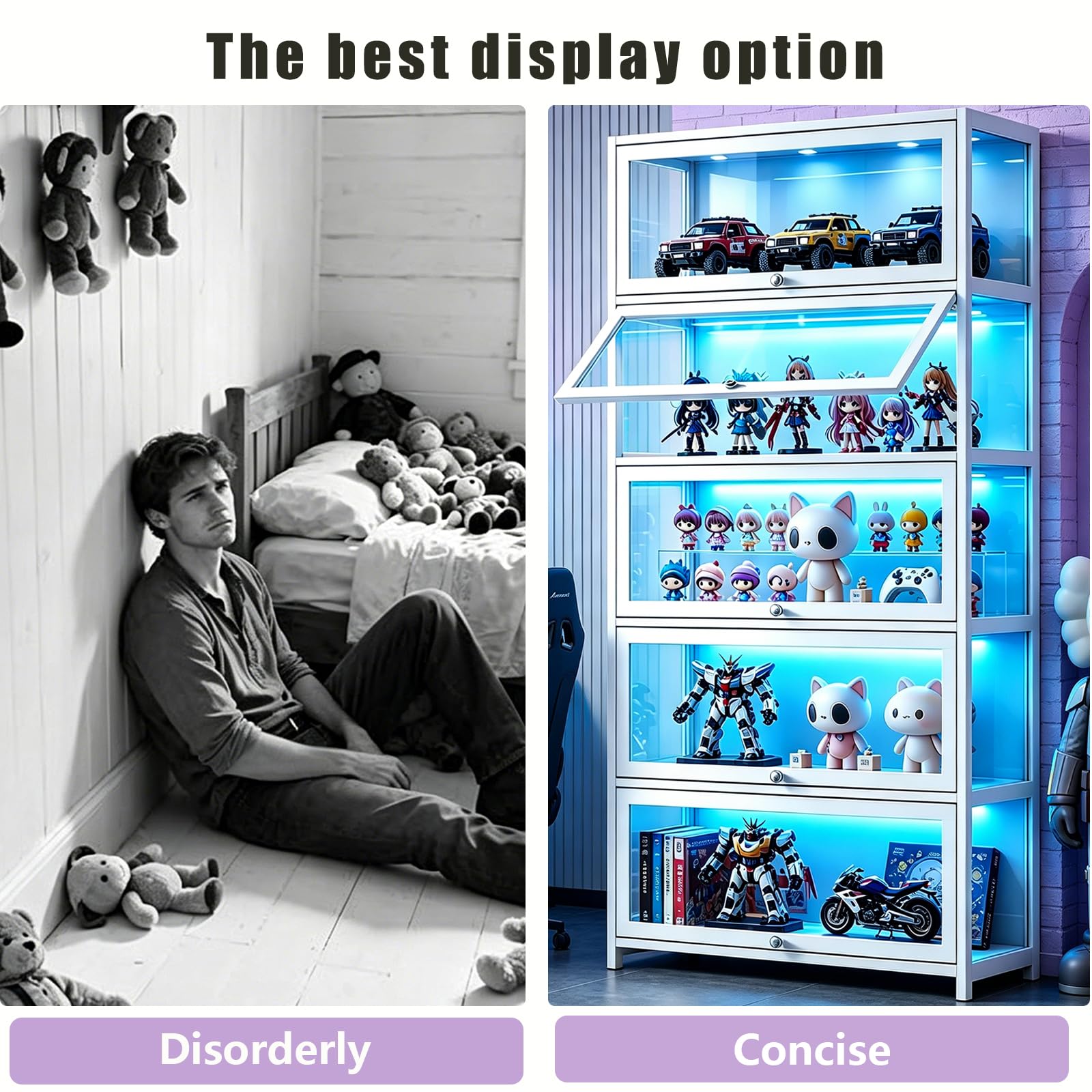 Display Cabinet with Acrylic Glass Door, 5 Tier Curio Display Case, Collectibles Toy Organizers Rack & Display Shelf, Kids Bookcase for Bedroom, Reading Nook, living Room, Bamboo (Black -flip Door)