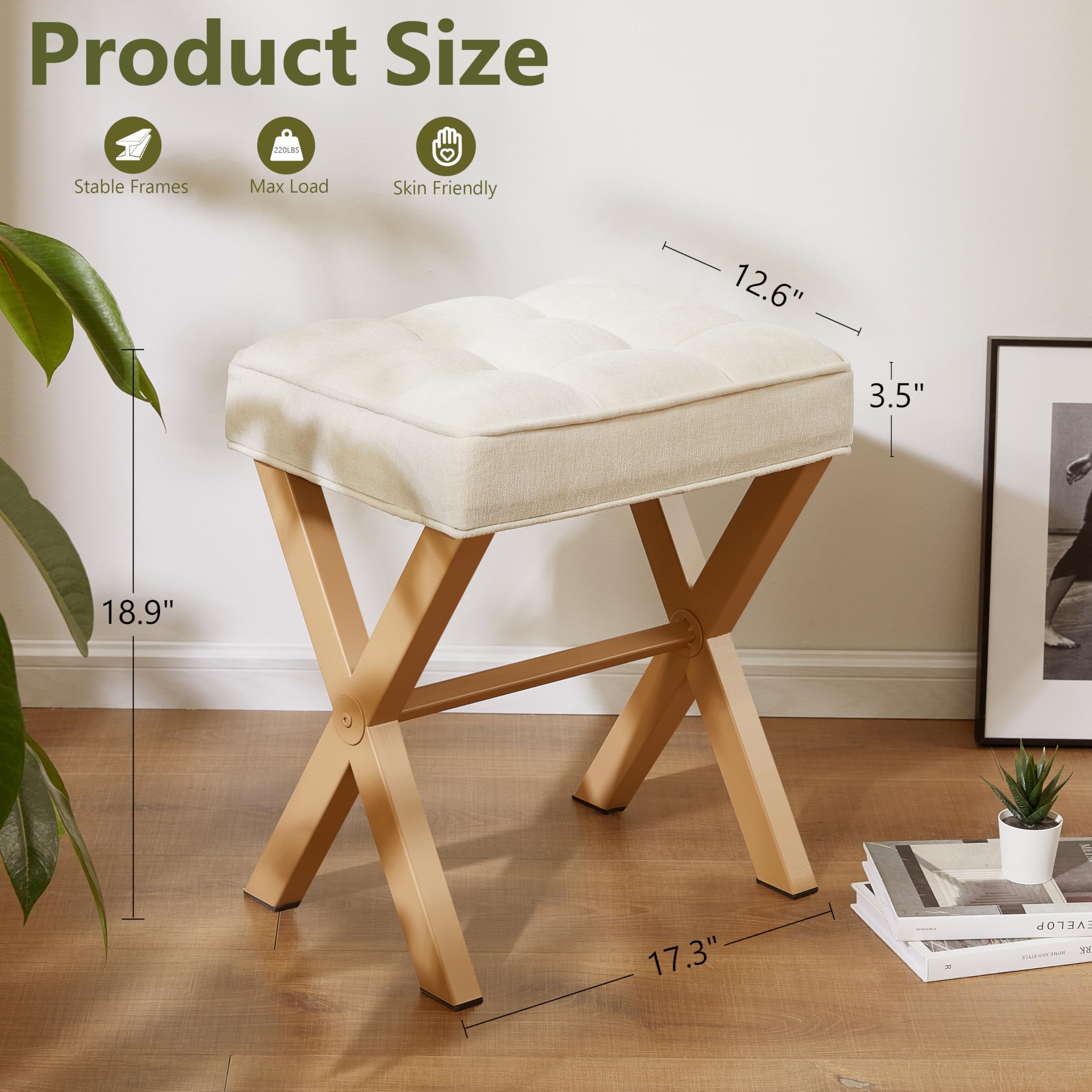 Royal Windsor Vanity Stool with Saddle Cushion, 18 Inch Makeup Vanity Chair for Living Room, Modern Foot Stool Ottoman Piano Bench,Small Upholstered Bench for Bedroom, Beige