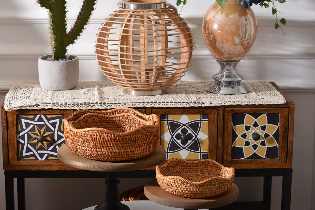 Natural Rattan Fruit Storage Baskets Rectangular Woven Wicker Box for Key Holder Remote Stackable Natural Set of 3