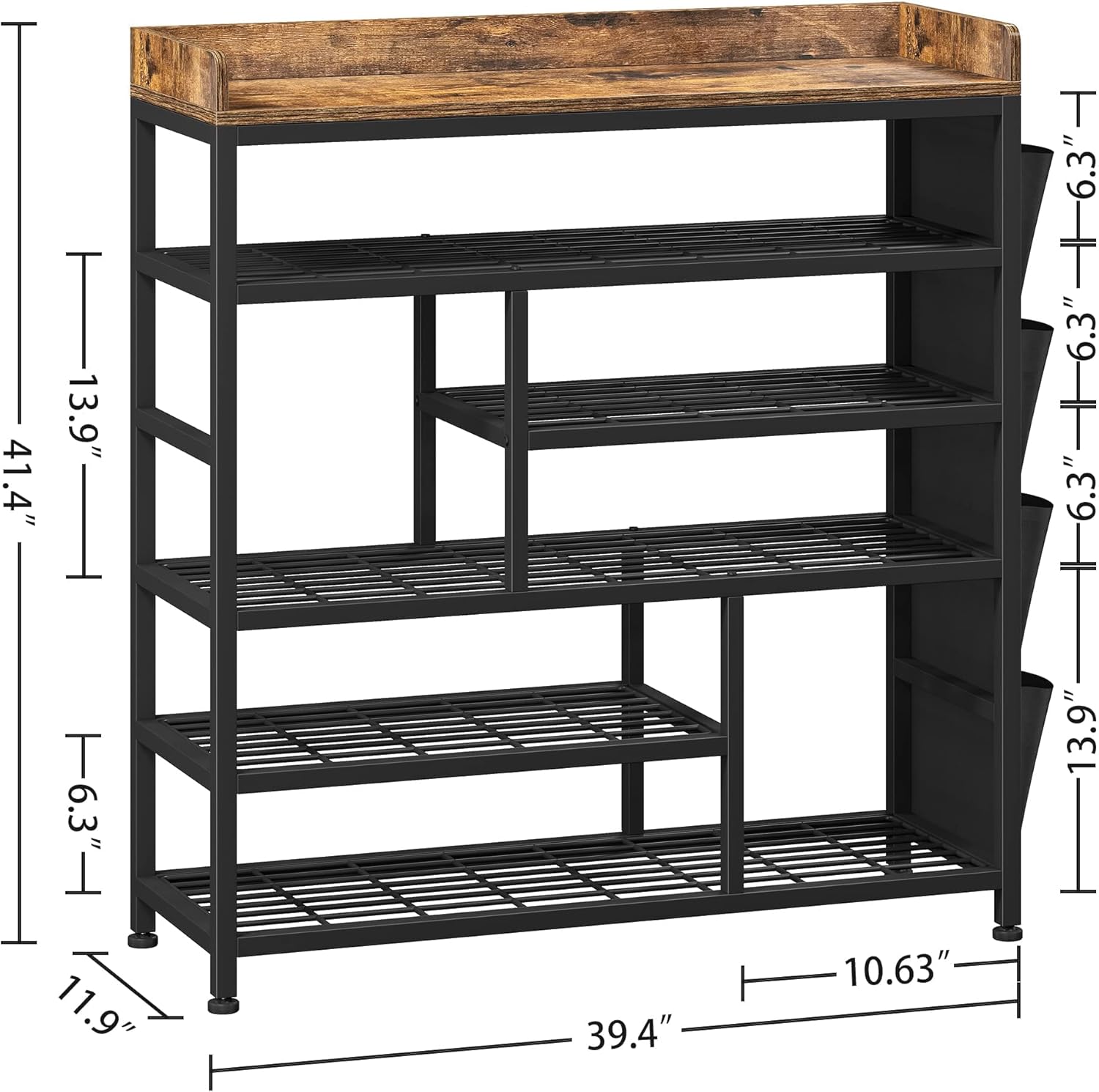 EnHomee Shoe Rack for Entryway, 6 Tier Shoe Organizer with Adjustable Shelves, 22 Pairs, Shoe Shelf with Wooden Top and Side Pocket for Closet, Entryway, Living Room, Rustic Brown & Black