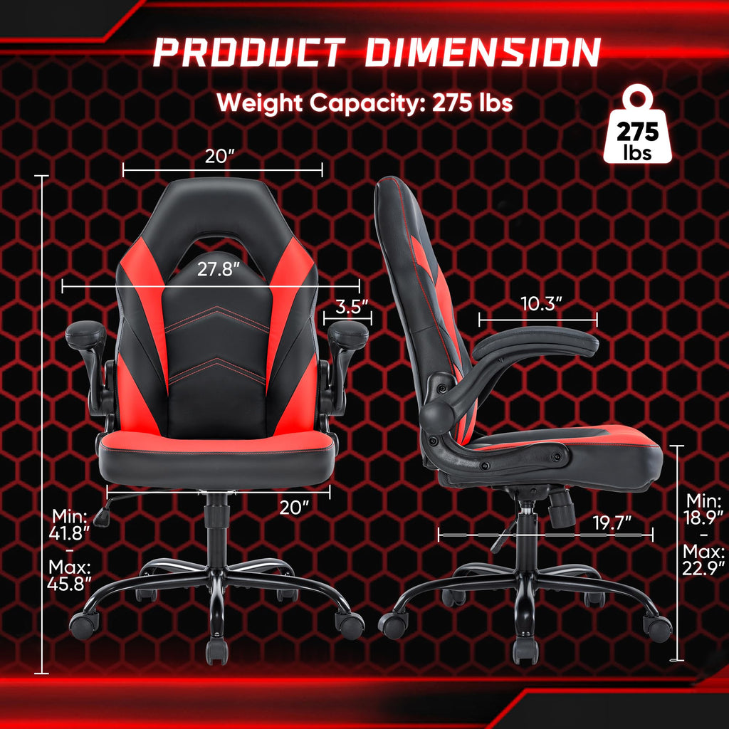 OLIXIS Computer Gaming Desk Chair - Ergonomic Video Game with Comfy Lumbar Support and headrest, PU Leather with Flip-up Arms, Adjustable Height and Swivel Wheels, for Adults, Black