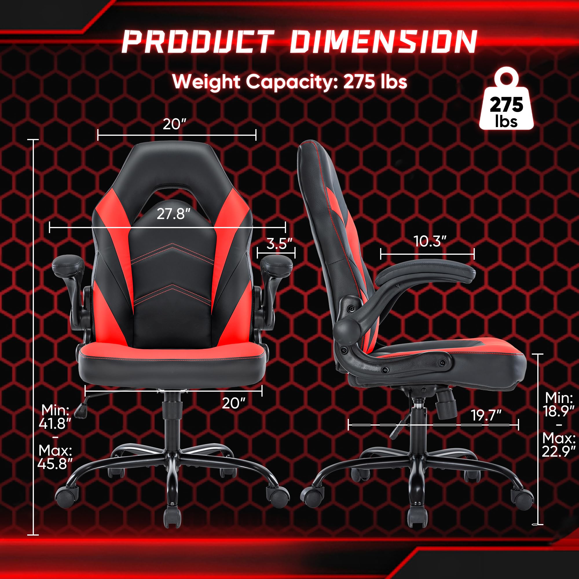 OLIXIS Computer Gaming Desk Chair - Ergonomic Video Game with Comfy Lumbar Support and headrest, PU Leather with Flip-up Arms, Adjustable Height and Swivel Wheels, for Adults, Black