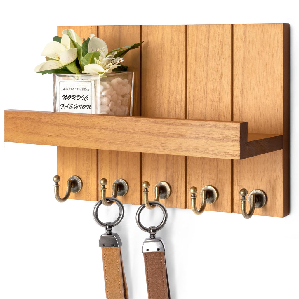 Rebee Vision Acacia Wood Key Holder Wall Mount – Farmhouse Key Holder for Wall & Mail Organizer with Shelf for Home Decor – Ideal for Apartment Essentials (Acacia Wood, 3.54" x 10" x 7.28")