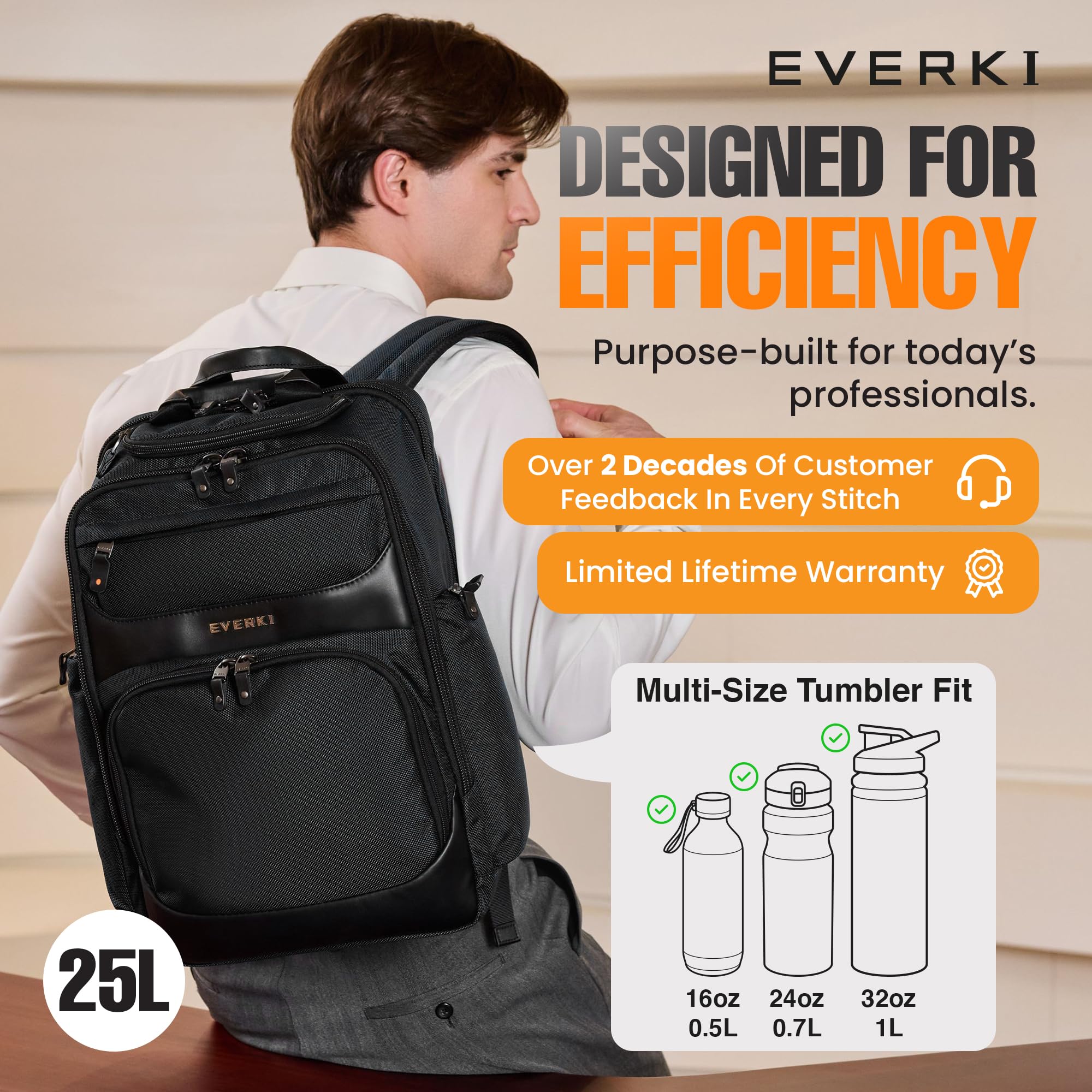 EVERKI Onyx 25L Business Laptop Backpack – Professional Travel Backpack for Men & Women, Laptop Bag with Premium Leather Ballistic & Nylon, Office & Flight Approved, Fits Laptops up to 15.6” - Black