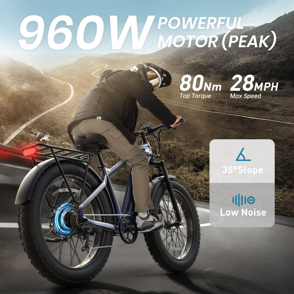 PUCKIPUPPY Electric Bike for Adults with 960W(Peak), 26" Fat Tire Electric Mountain Bike, 48V 15AH Removable Battery Ebike, 28MPH Aluminum Frame E Bike with Rear Storage Shelf