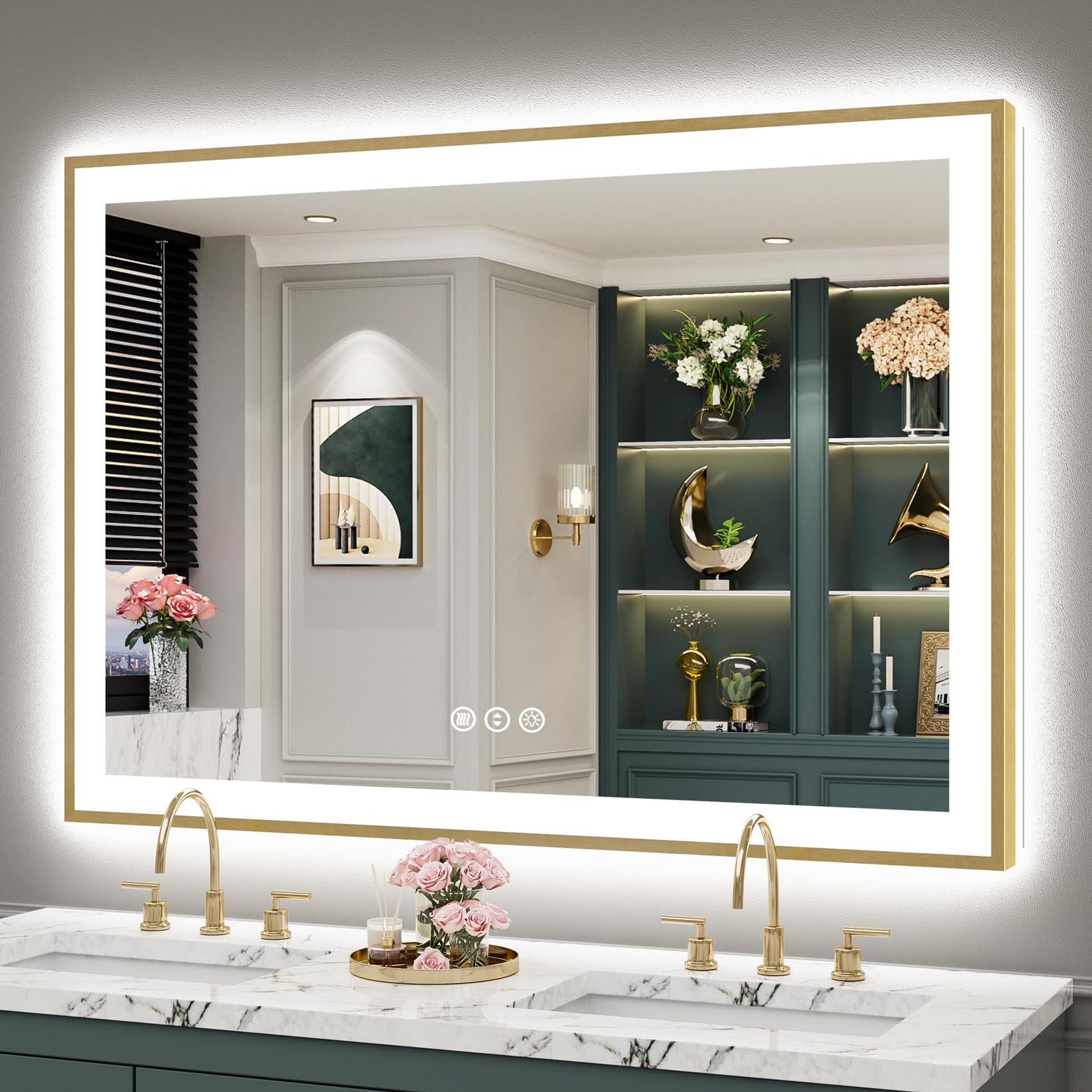 24x36 Gold Beveled LED Bathroom Mirror with Lights, Brushed Gold Framed Backlit and Front Lit Anti-Fog Lighted Vanity Mirrors for Bathroom Wall, Dimmable, 3 Colors, Memory, HD Tempered Glass