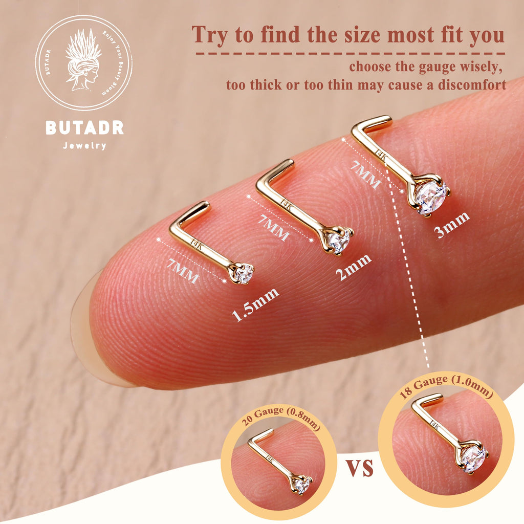 14K Real Gold Nose Studs, 18G 20G Solid Gold L Shaped Nose Rings, Simulated Diamond CZ Hypoallergenic Nose Piercings for Women Men 1.5 2 3MM