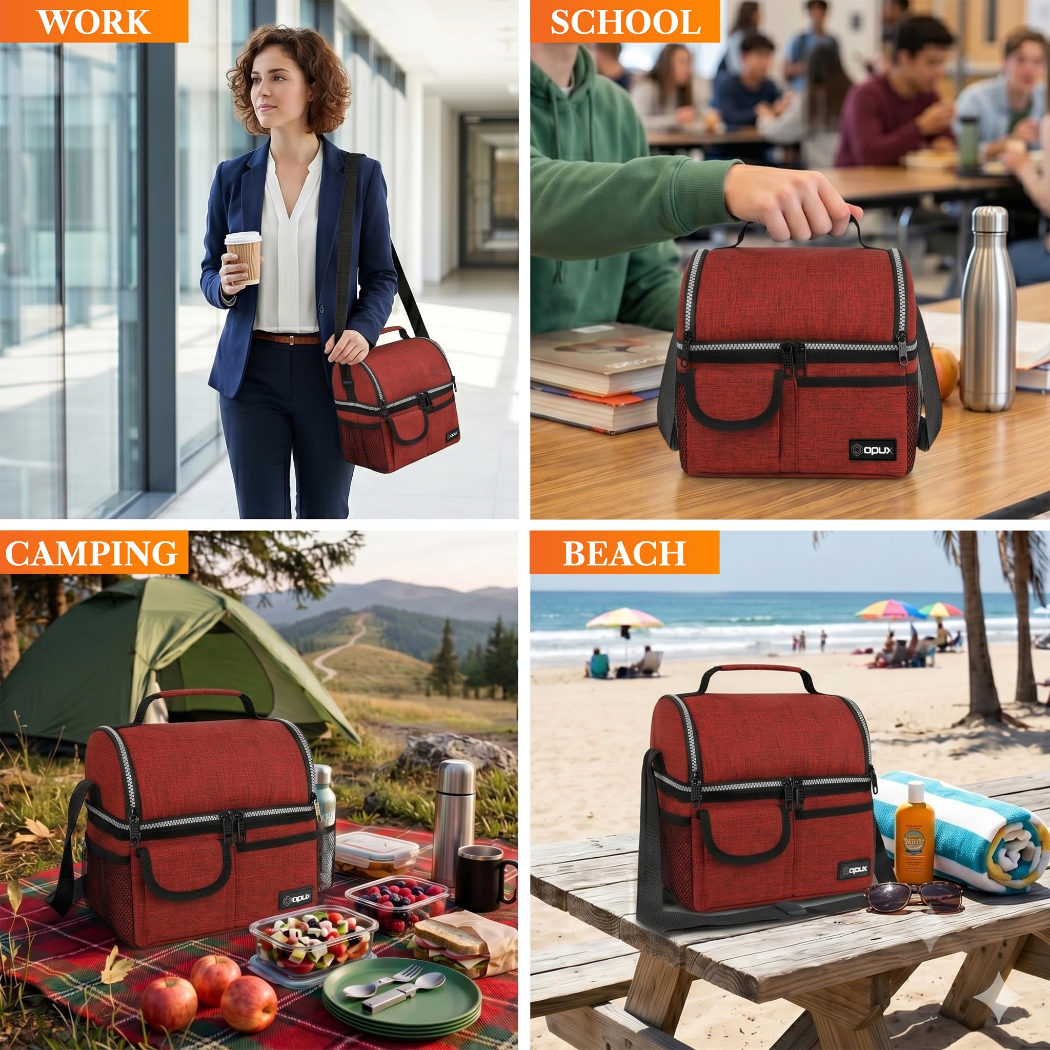 opux Insulated Lunch Bag Women Men, Dual Compartment Leakproof Lunch Box Adults Kids, Double Decker Meal Prep Bento Lunch Cooler Tote with Shoulder Strap for Work Office School Travel, Black