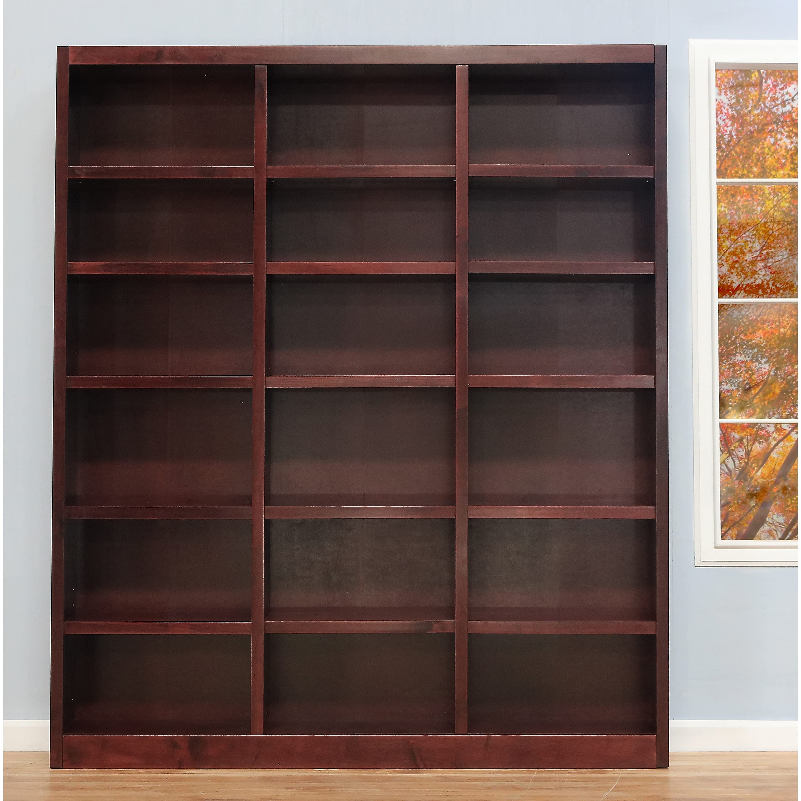 Concepts In Wood 84" Traditional Triple Wide Wood Bookcase with 15 Adjustable Shelves & 3 Fixed Shelves, Assembly Required, for Laundry/Bedroom/Kitchen/Garage/Office, in Cherry Finish