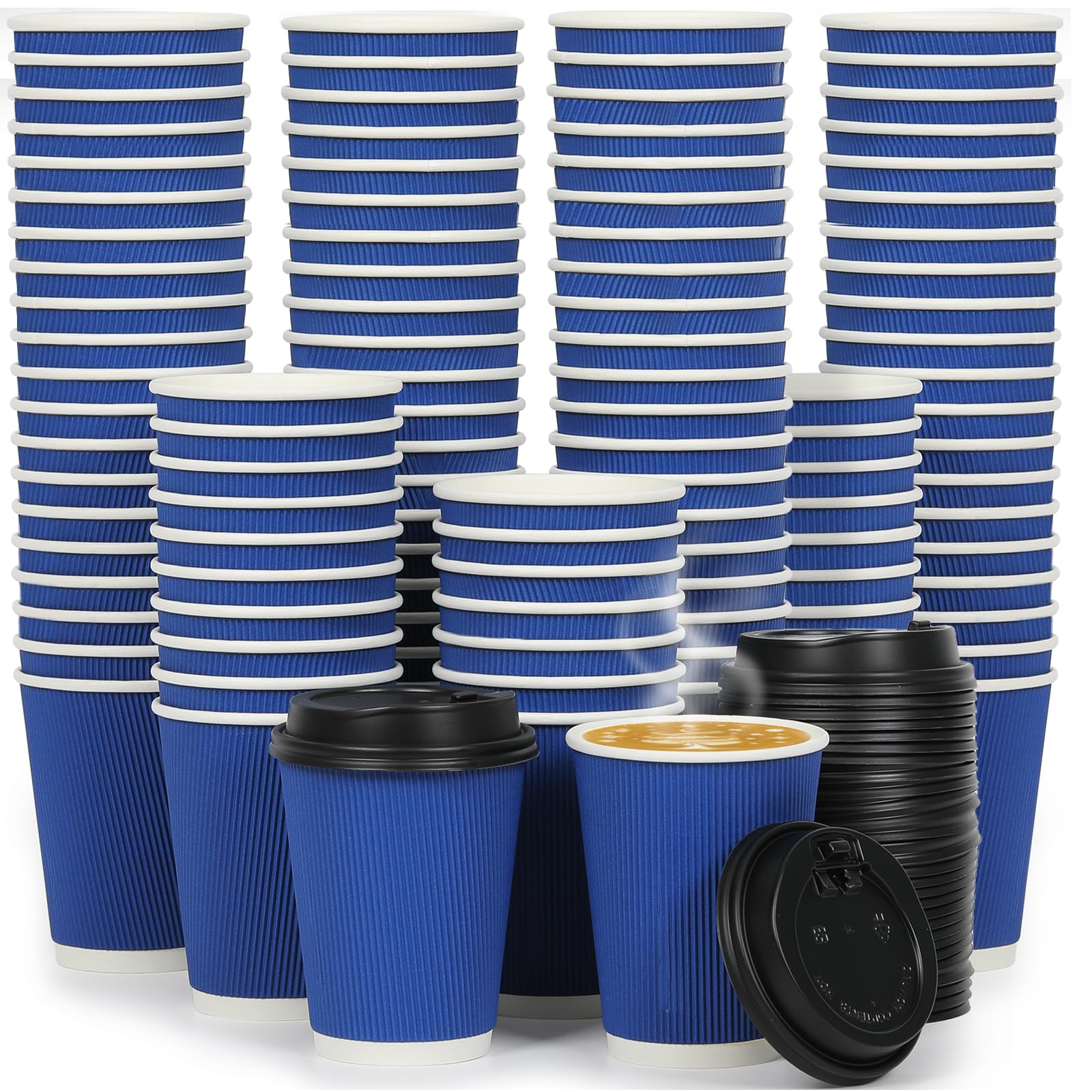 16 oz 100 Pack Corrugated Ripple Wall Disposable Coffee Cups with Lids and Straws, Heavy Duty Insulated Cups for Hot Beverage or Cold Drinks, Bulk for Restaurants, Offices, Coffee Shops(Black)