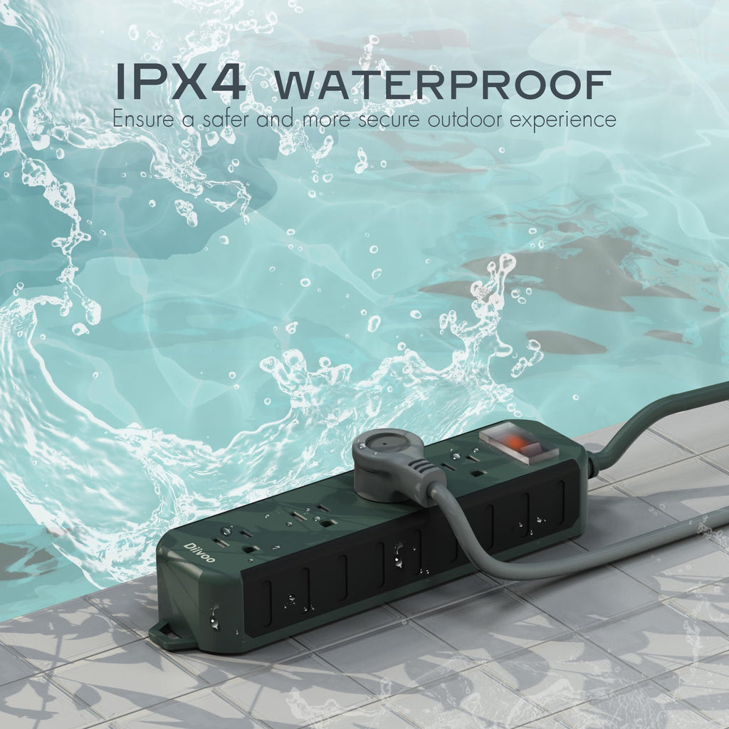 Outdoor Power Strip Weatherproof, 25 FT Extension Cord, Diivoo Waterproof Surge Protector with 4 Outlets 1250W Shockproof Overload Protection, Flat Plug, Black