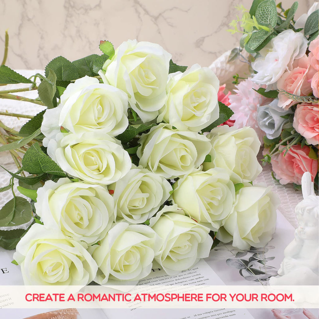 Jexine 100 Pieces Artificial Roses Flowers Bulk, Long Stem Realistic Fake Silk Roses Bouquet for Table Centerpiece Vases Wedding Party Kitchen Decor(Beige)