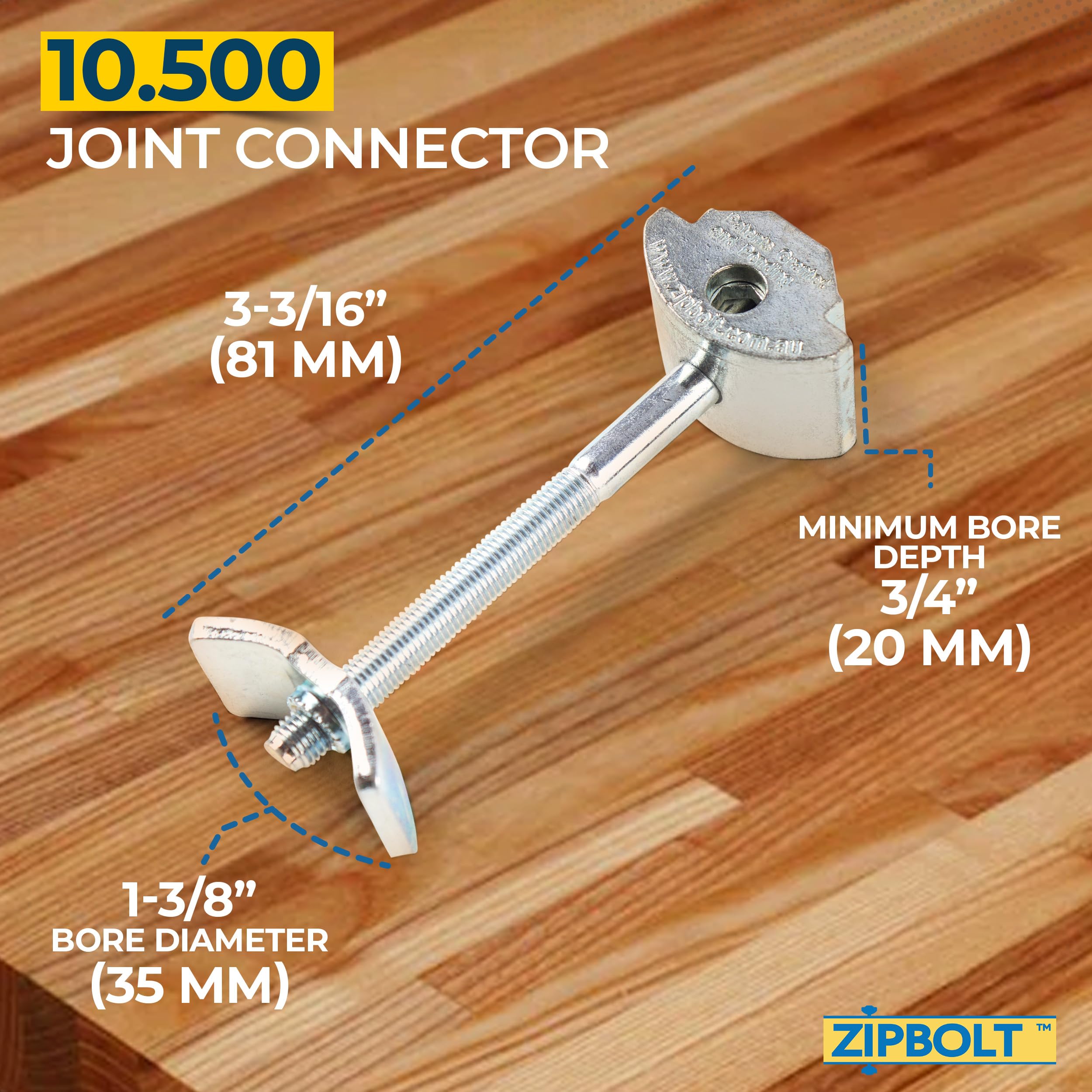 Zipbolt 10.800 Countertop Miter Connector — 20 Piece Joint Fastener Drawbolt Pack with 5mm Hex Bit for Joining Countertops, Butcher Blocks, Furniture, and More - Single-Handed Tightening