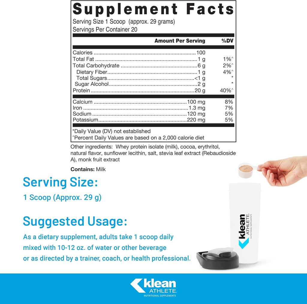 Klean Athlete Klean Isolate | Whey Protein Isolate to Enhance Daily Protein and Amino Acid Intake for Muscle Integrity* | NSF Certified for Sport | 20 Servings | Natural Chocolate Flavor