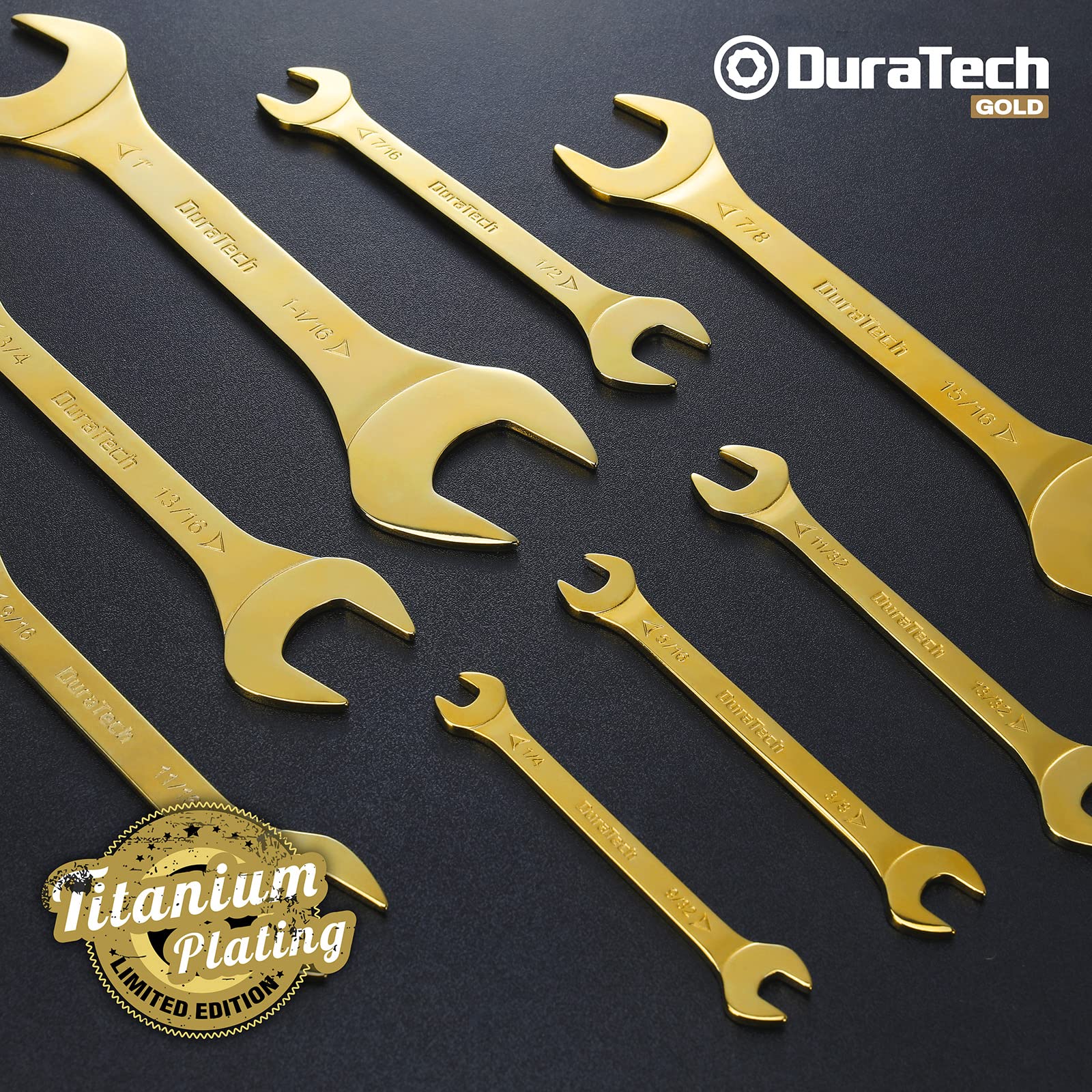 DURATECH Super-Thin Open End Wrench Set, Metric, 8-Piece, 5.5mm to 27mm, Black Electrophoretic Coating, with Rolling Pouch