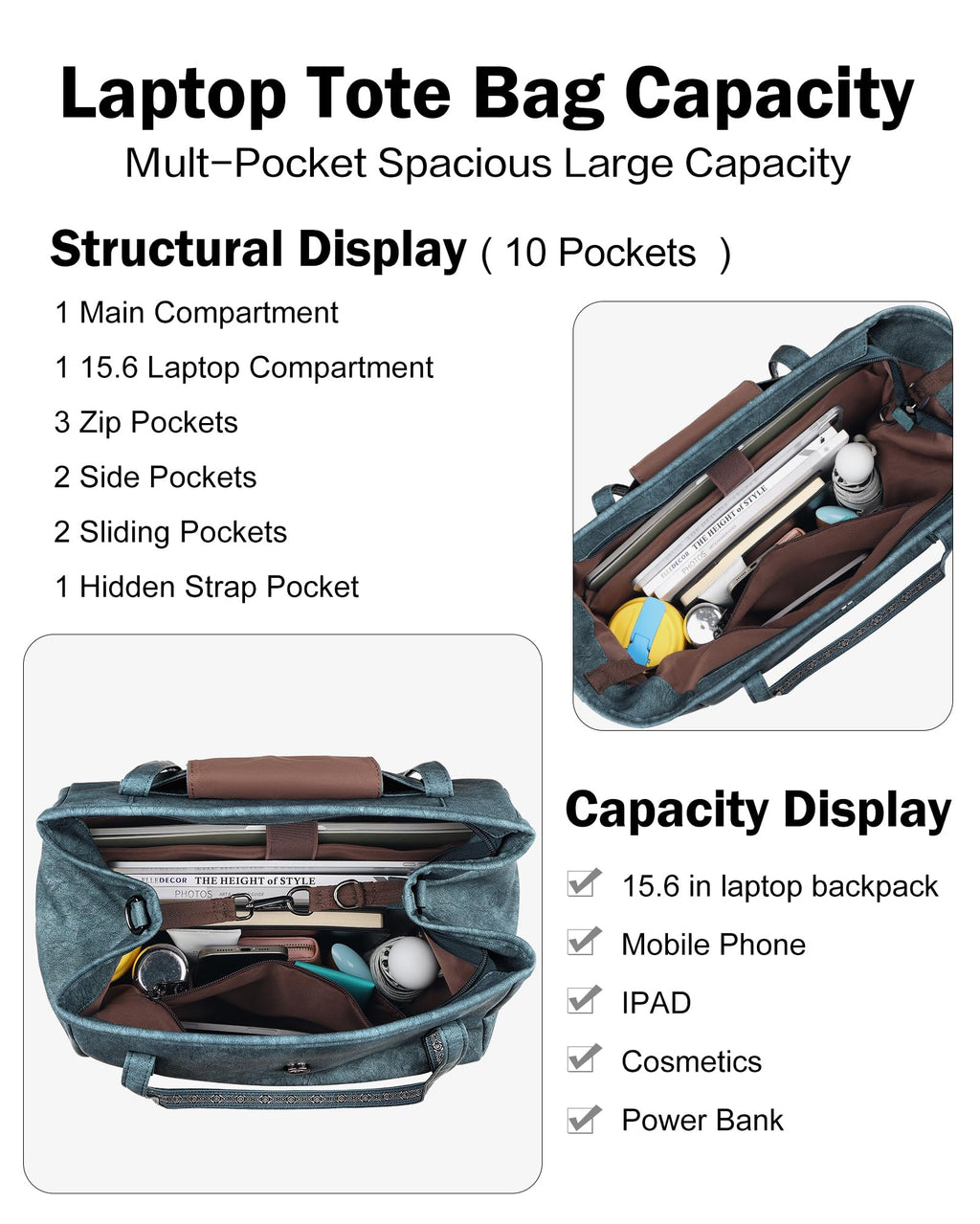 FADEON Large Laptop Tote Bag for Women Designer Leather Laptop Bag Fashion Travel Backpack Purse Shoulder Handbag