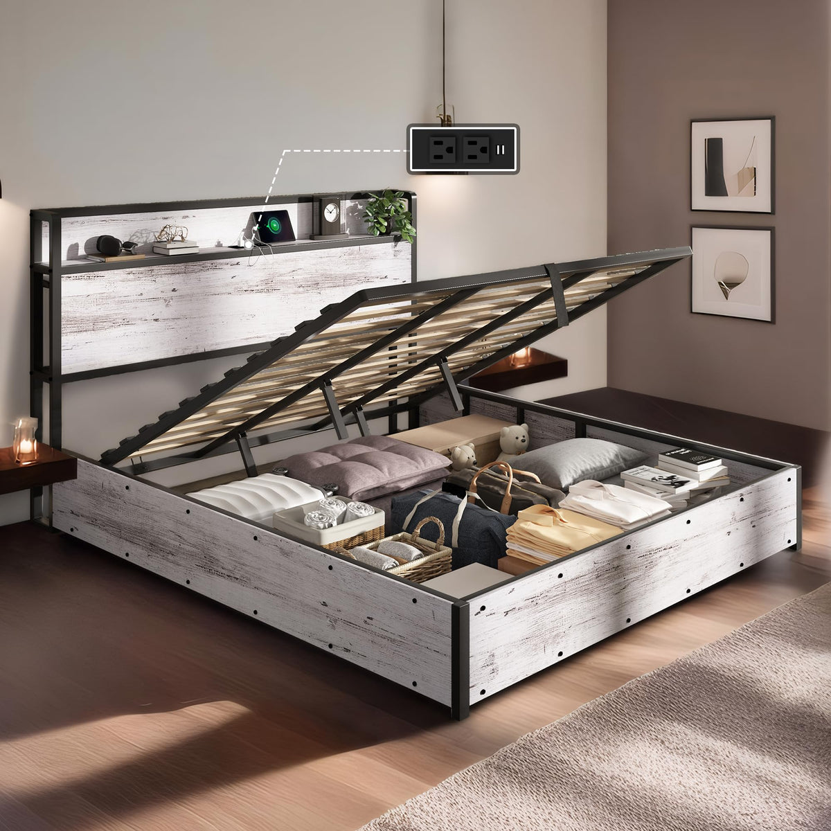 LUXOAK Full Size Lift Up Storage Bed, Wood Platform Bed Frame with Storage Headboard & Charging Station, No Box Spring Needed, Easy Assembly, Black