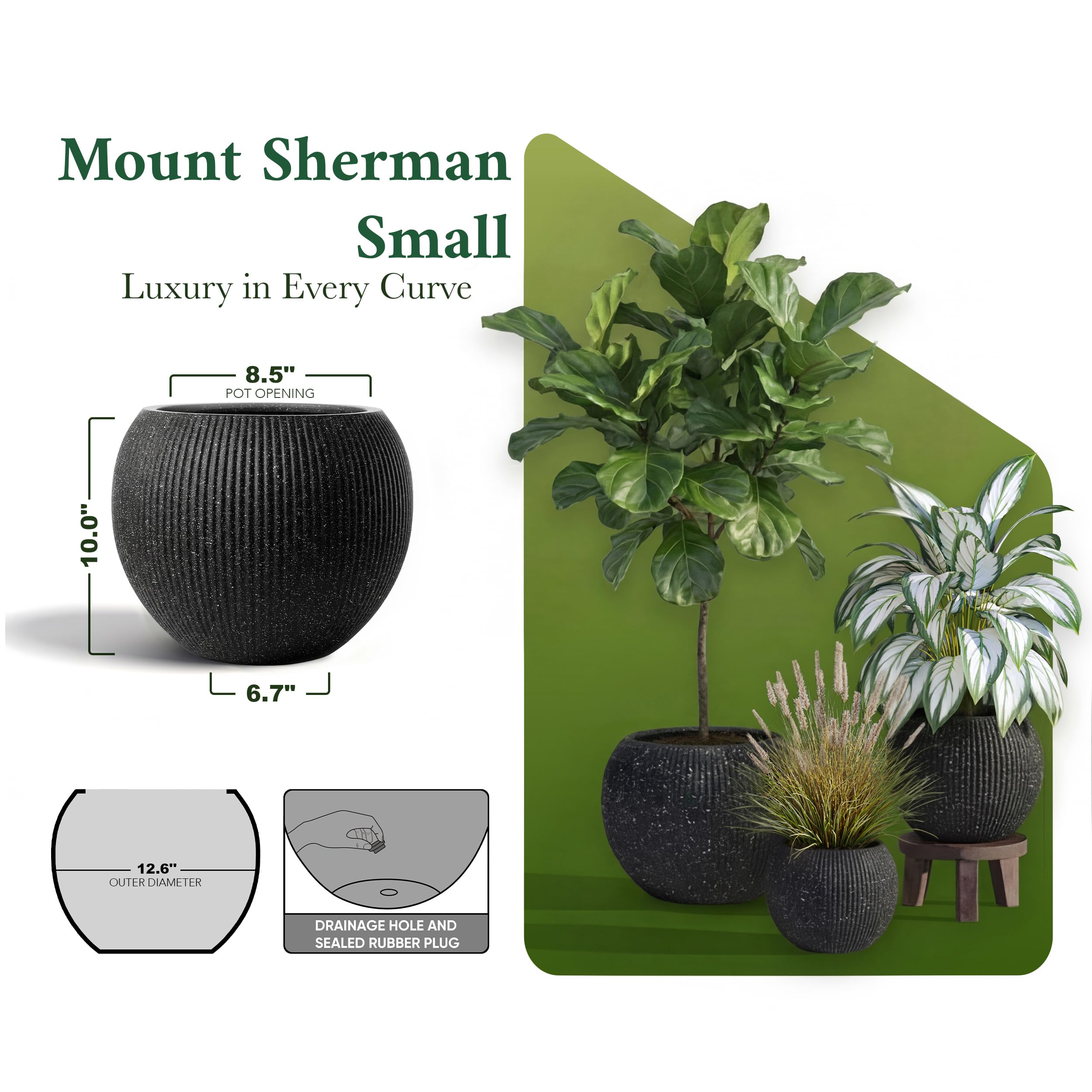 DTY Fiberstone Globe Planter Indoor Outdoor — Lightweight Sphere Ball Pot for Olive Tree, Monstera & Palm | Fiberglass Stone | UV Resistant, Drainage Hole | 2 Coco Mats | Black | 12.6" D × 10" H