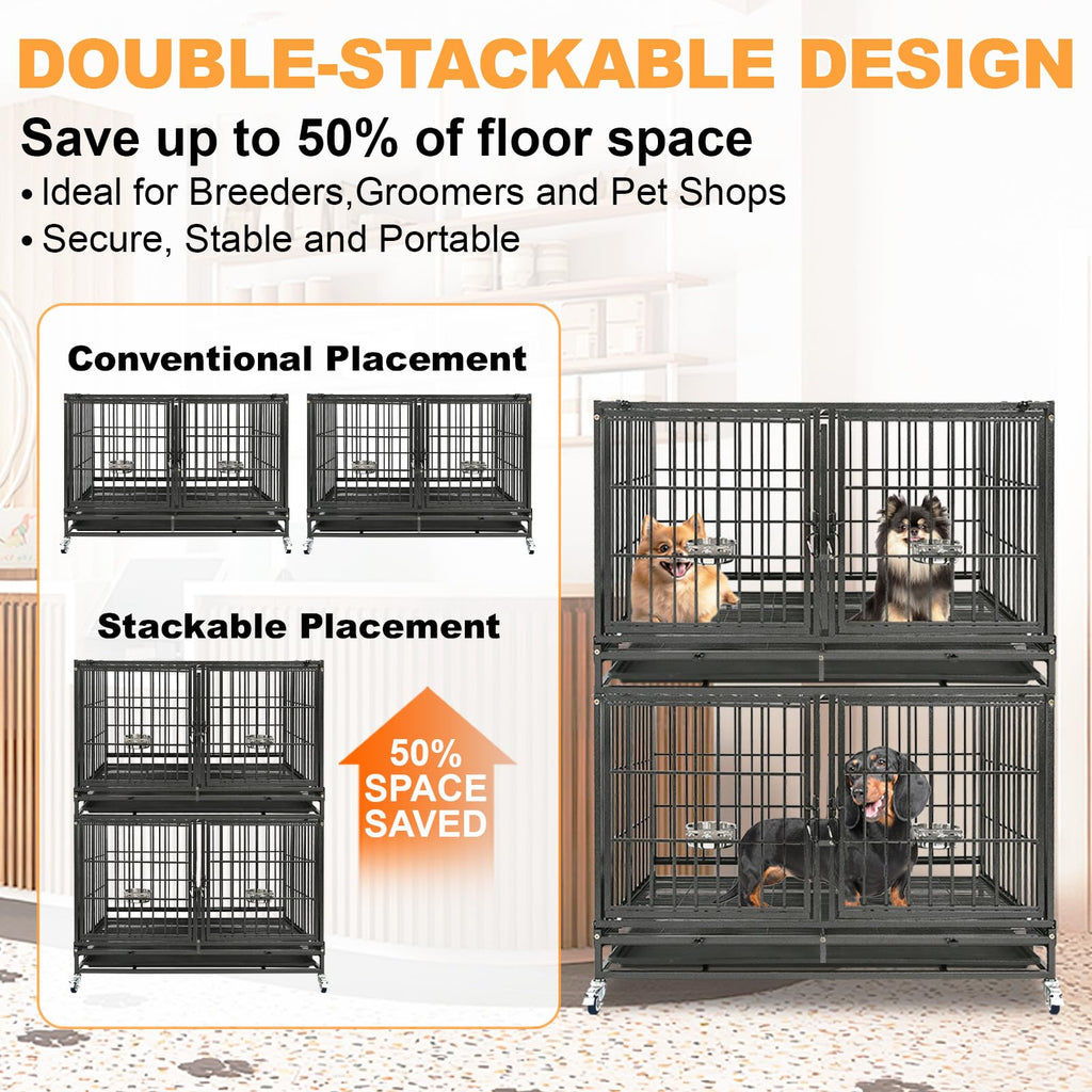 Homey Pet 37 inch Stackable Heavy Duty Dog Crate, Indestructible Escape Proof Dogs Cage Kennel with Lockable Wheels, Removable Tray & Metal Grid, Double Doors for High Anxiety Medium/Small Dogs