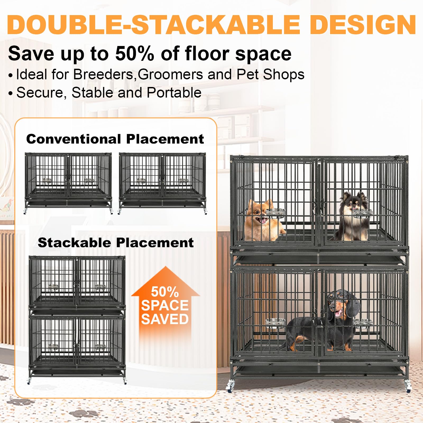 Homey Pet 37 inch Stackable Heavy Duty Dog Crate, Indestructible Escape Proof Dogs Cage Kennel with Lockable Wheels, Removable Tray & Metal Grid, Double Doors for High Anxiety Medium/Small Dogs