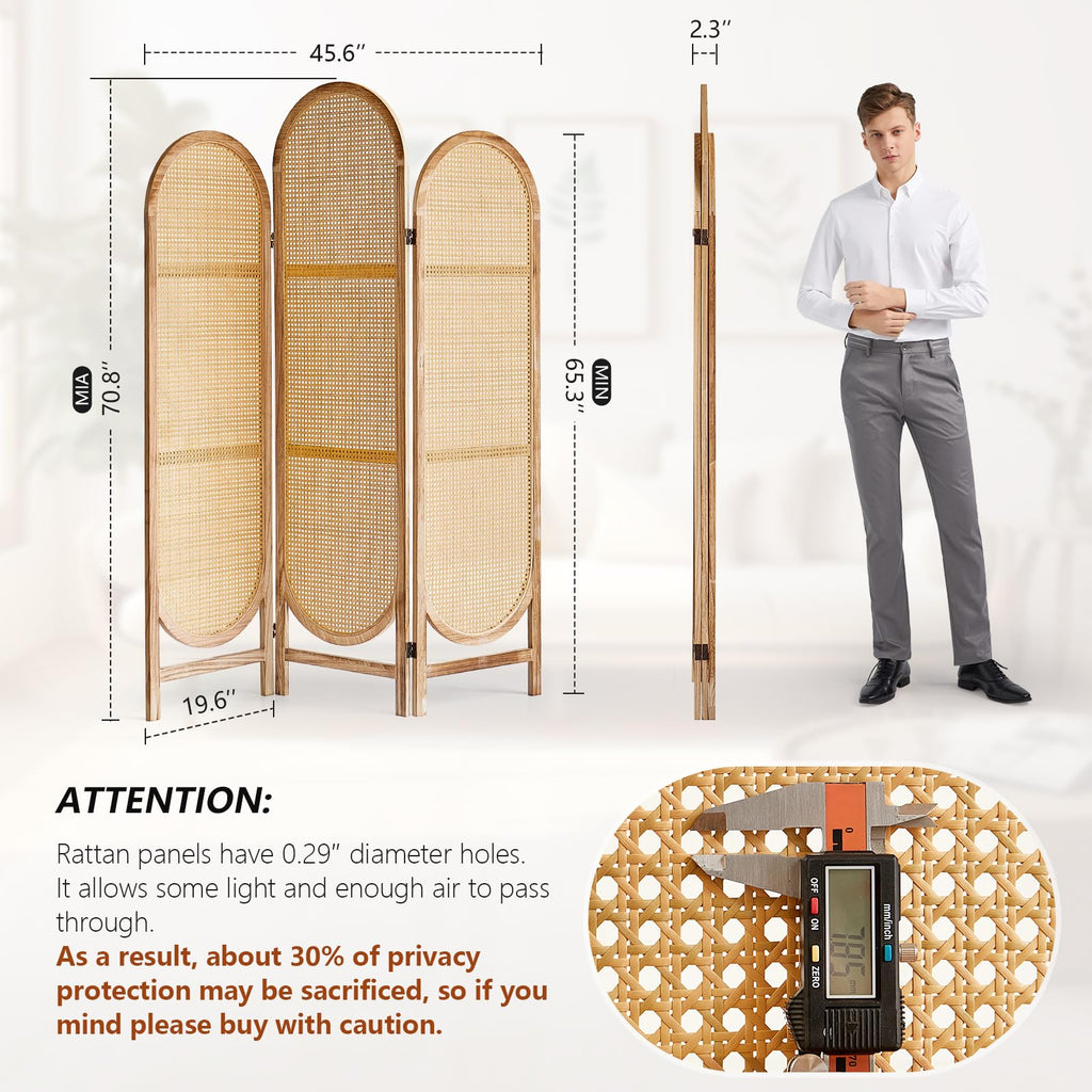Hand-Woven Rattan Room Divider 3 Panels, 5.9 Ft Tall Wood Room Divider Panel, Partition Screen Divider Wall, Folding Privacy Screen, Wall Divider for Room Separation Home Office - Black