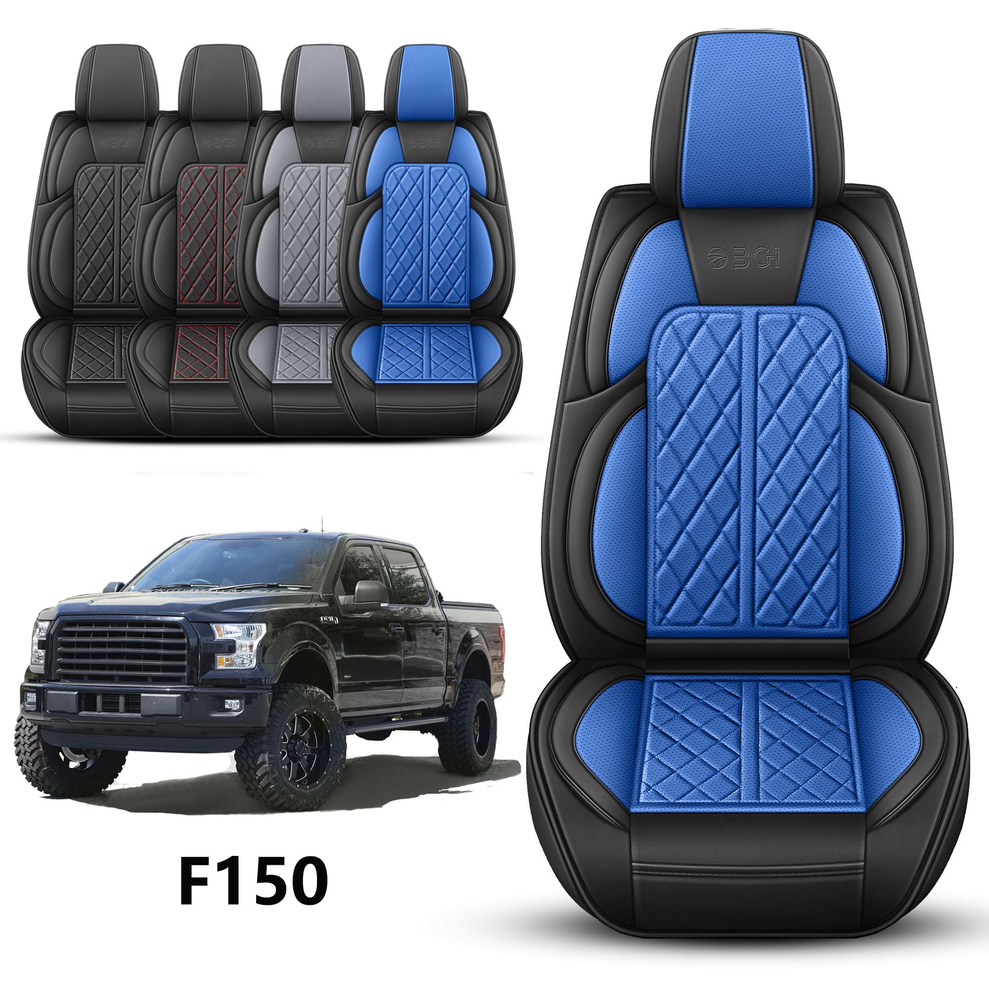 Car Seat Cover Custom Fit for Ford F150 2009-2026 Faux Leather Seat Cover Set Compatible with Regular Cab Super Cab Super Crew Pickup Truck Cushions (Black, Front Seat)