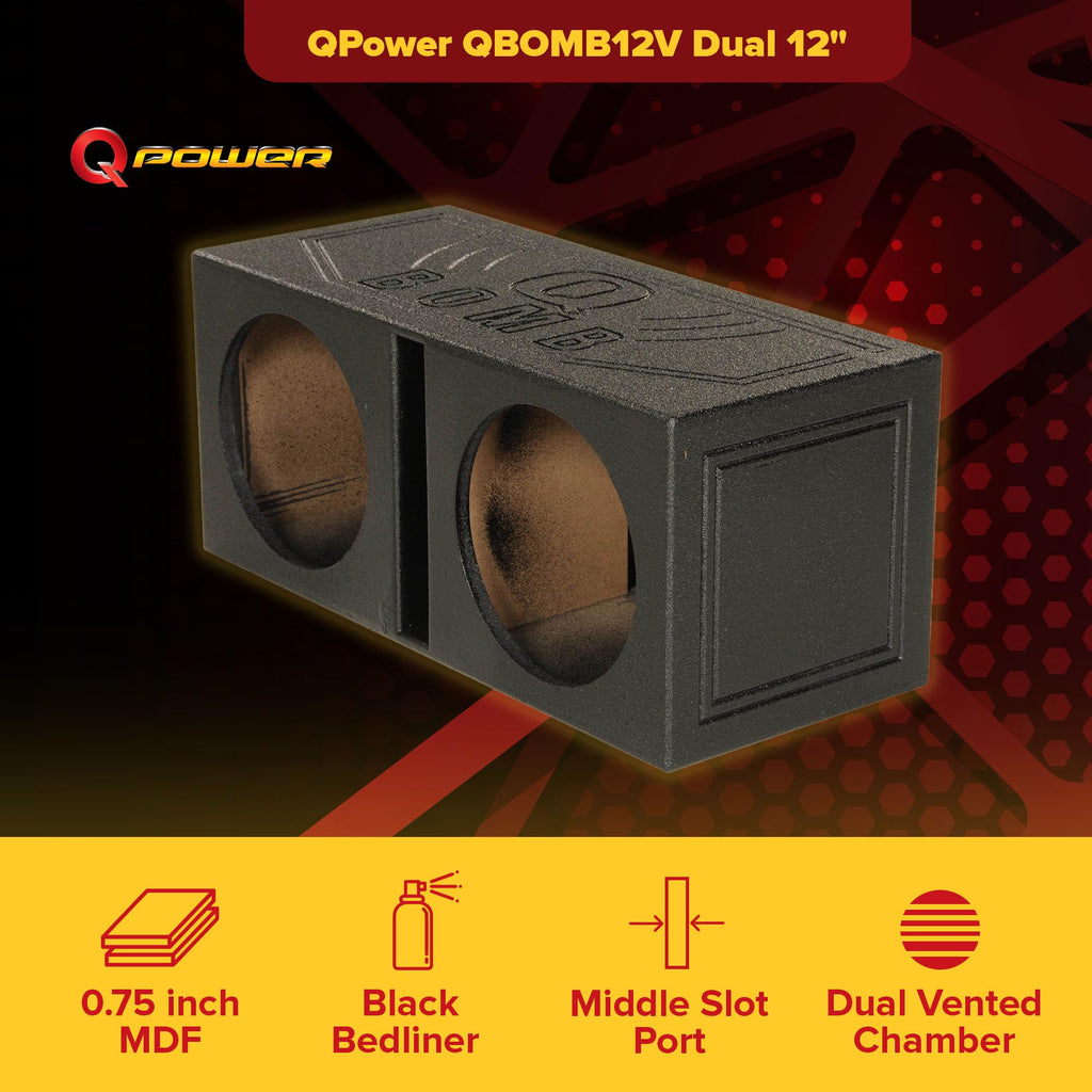 QPower 12 Inch Dual Subwoofer Box, High-Performance Vented Speaker Enclosure, Black - Car Audio and Sound System Accessories - Portable Equipment for Subwoofers