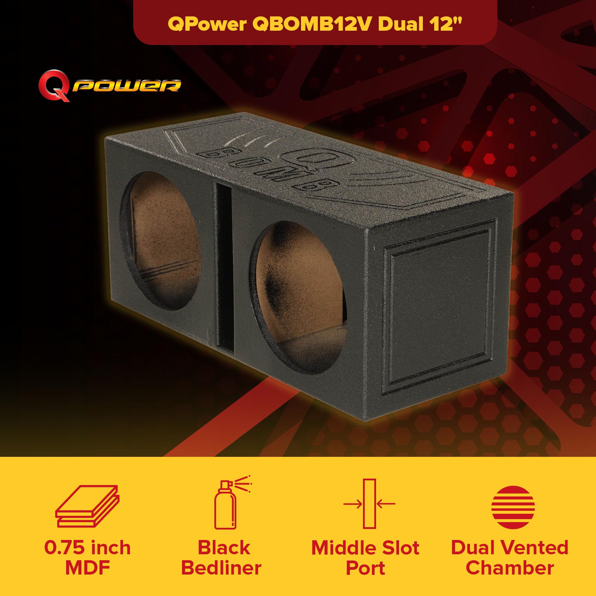 QPower 12 Inch Dual Subwoofer Box, High-Performance Vented Speaker Enclosure, Black - Car Audio and Sound System Accessories - Portable Equipment for Subwoofers