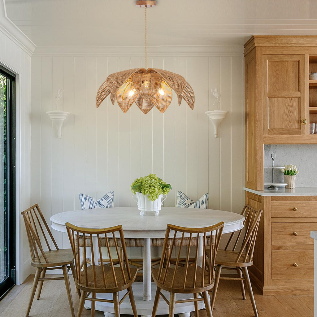 Farmhouse Chandeliers for Dining Room, 3-Light Rattan Boho Chandelier Light Fixture Hand Woven Wicker Pendant Light 24", Coastal Hanging Pendant Light for Kitchen Island Bedroom Living Room