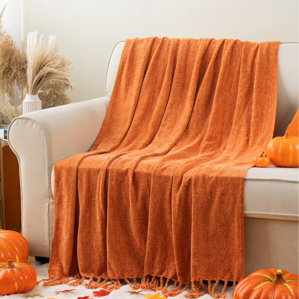 BATTILO HOME Beige Chenille Throw Blanket for Couch, Soft Cozy Textured Knit Throw Blanket with Handmade Fringe Tassels, Lightweight Decorative Farmhouse Blanket for Sofa Bed Chair, 50"x60"