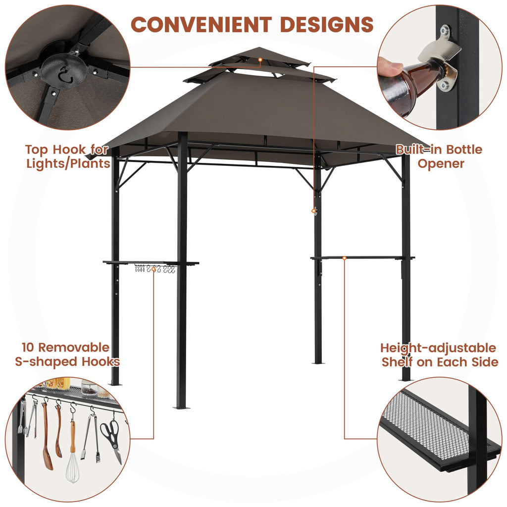 Yaheetech 8x5' Grill Gazebo, 3-Tier Outdoor BBQ Gazebo with Height-Adjustable Shelves & 10 S-Shaped Hooks & Built-in Bottle Opener, Brown