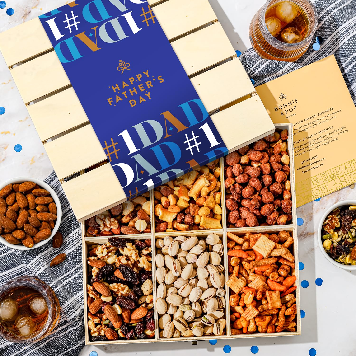 Nut Gift Basket, in Reusable Wooden Crate, Healthy Fathers Day Gift Option, Gourmet Snack Food Box, with Unique Flavors, Great for Feel Better, Sympathy & Birthday- Bonnie & Pop