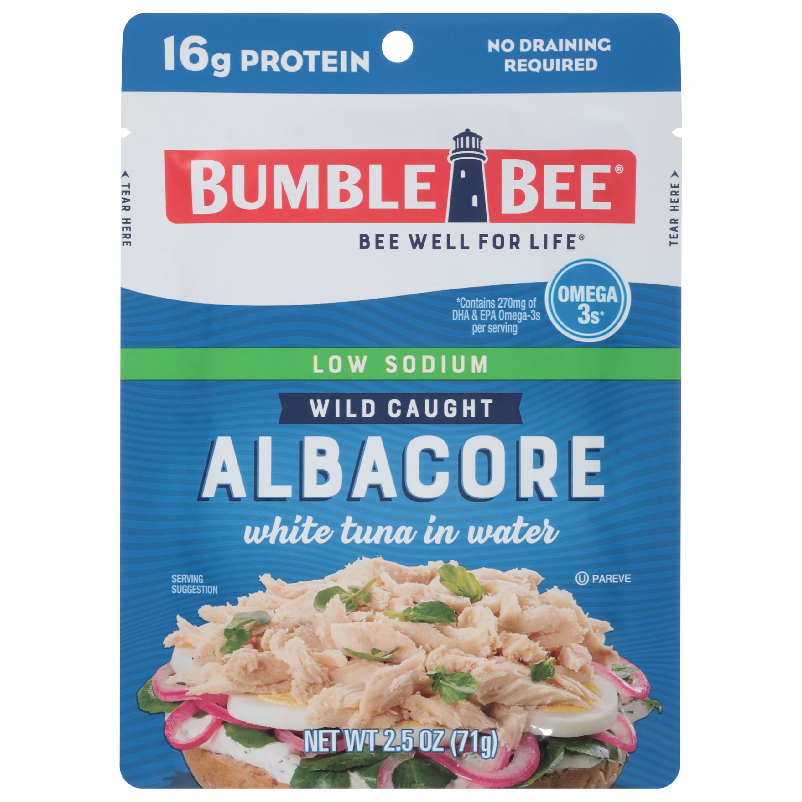 Bumble Bee Lemon & Garlic Seasoned White Albacore Tuna in Water, 2.5 oz Pouch - Wild Caught Tuna - 15g Protein per Serving, High in Omega-3s - Non-GMO, Gluten Free - No Draining Required