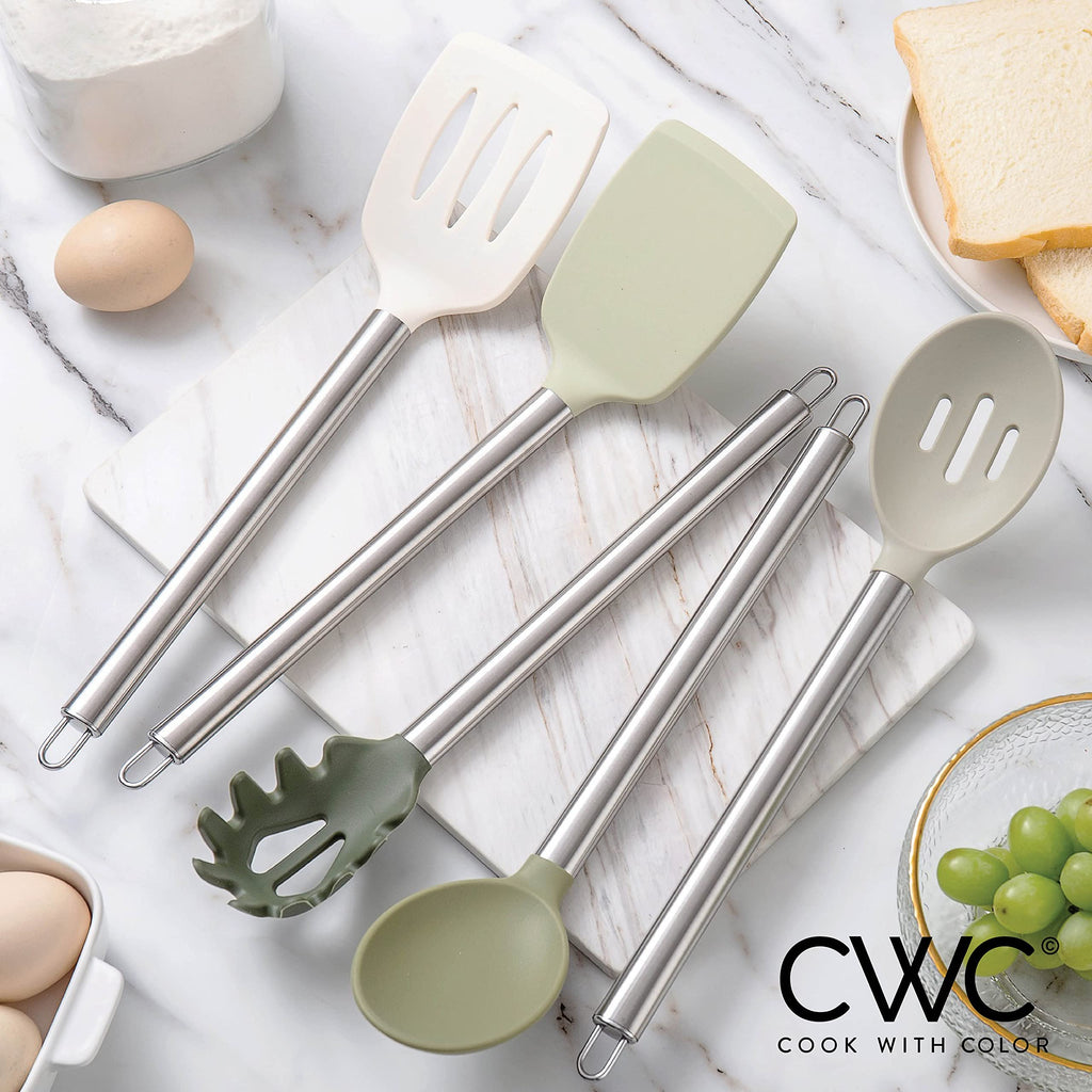 COOK WITH COLOR Silicone Cooking Utensils, Kitchen Utensil Set, Easy to Clean Silicone Kitchen Utensils, Cooking Utensils for Nonstick Cookware, Kitchen Gadgets Set with Holder, 10 Pieces
