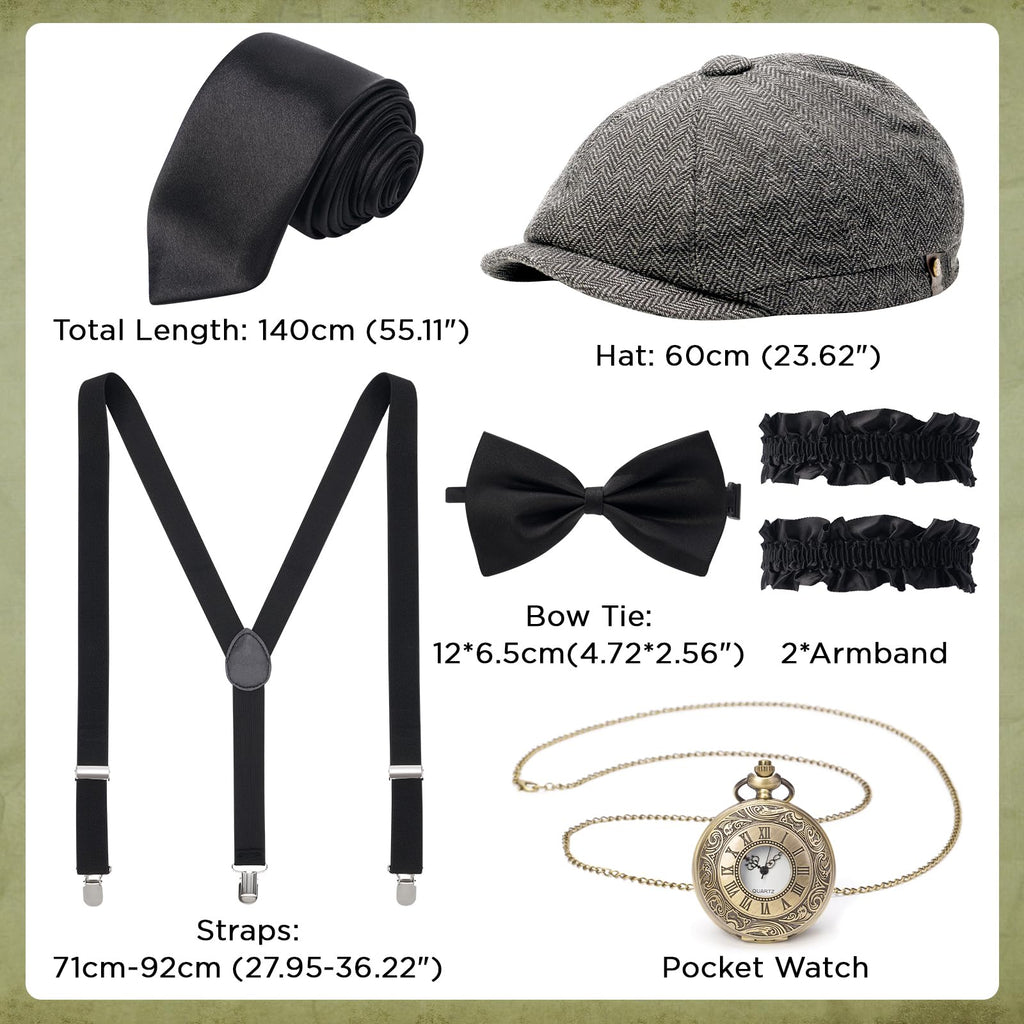 YESSA 1920s Mens Costume,Roaring 20s Costumes for Men,Gatsby Costume Men,1920s Mens Outfit Hat Vest Pocket Watch Tie