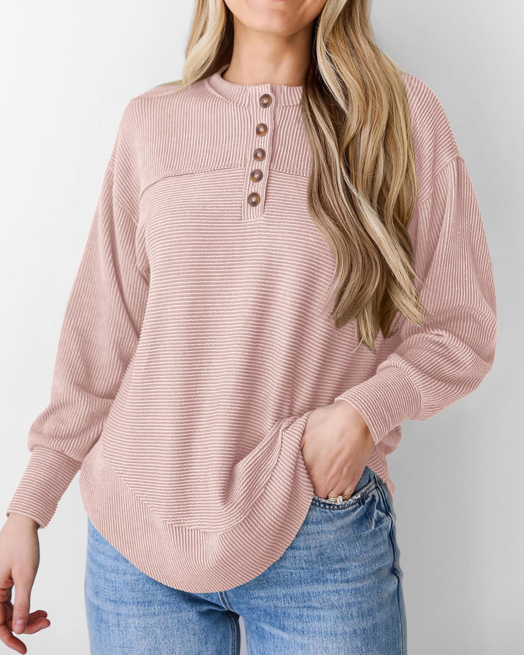 KIRUNDO Going Out Tops for Women Henley Shirts 2025 Casual Ribbed Knit Long Sleeve Tunic Summer Fall Button V Neck Blouse