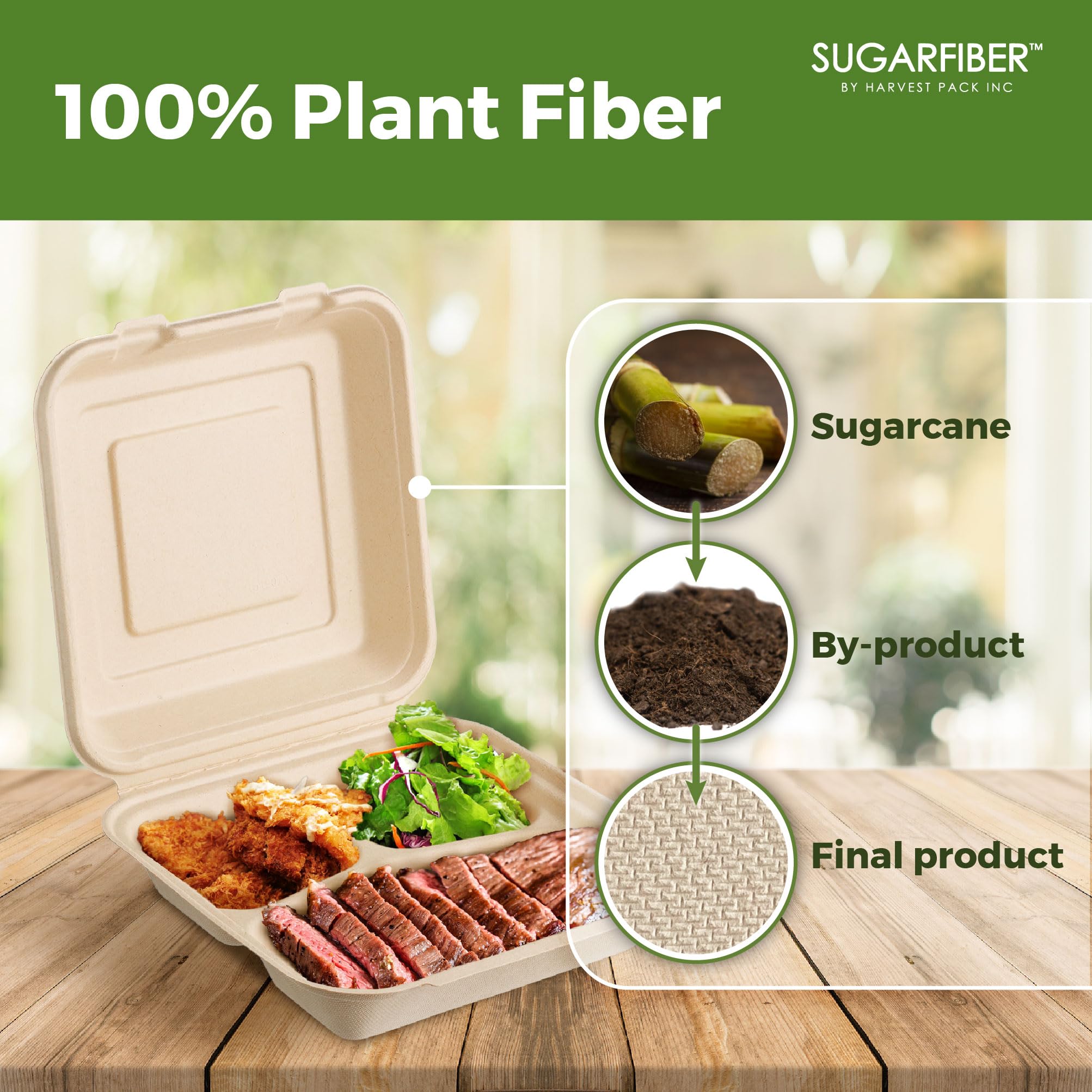 [50 COUNT]Harvest Pack 6 X 6" Compostable Clamshell Take Out Food Containers, PFAS FREE Square To go Containers with Lids, Heavy-Duty Disposable Bagasse Bento Cake Box, Eco-Friendly Sugarcane Fibers