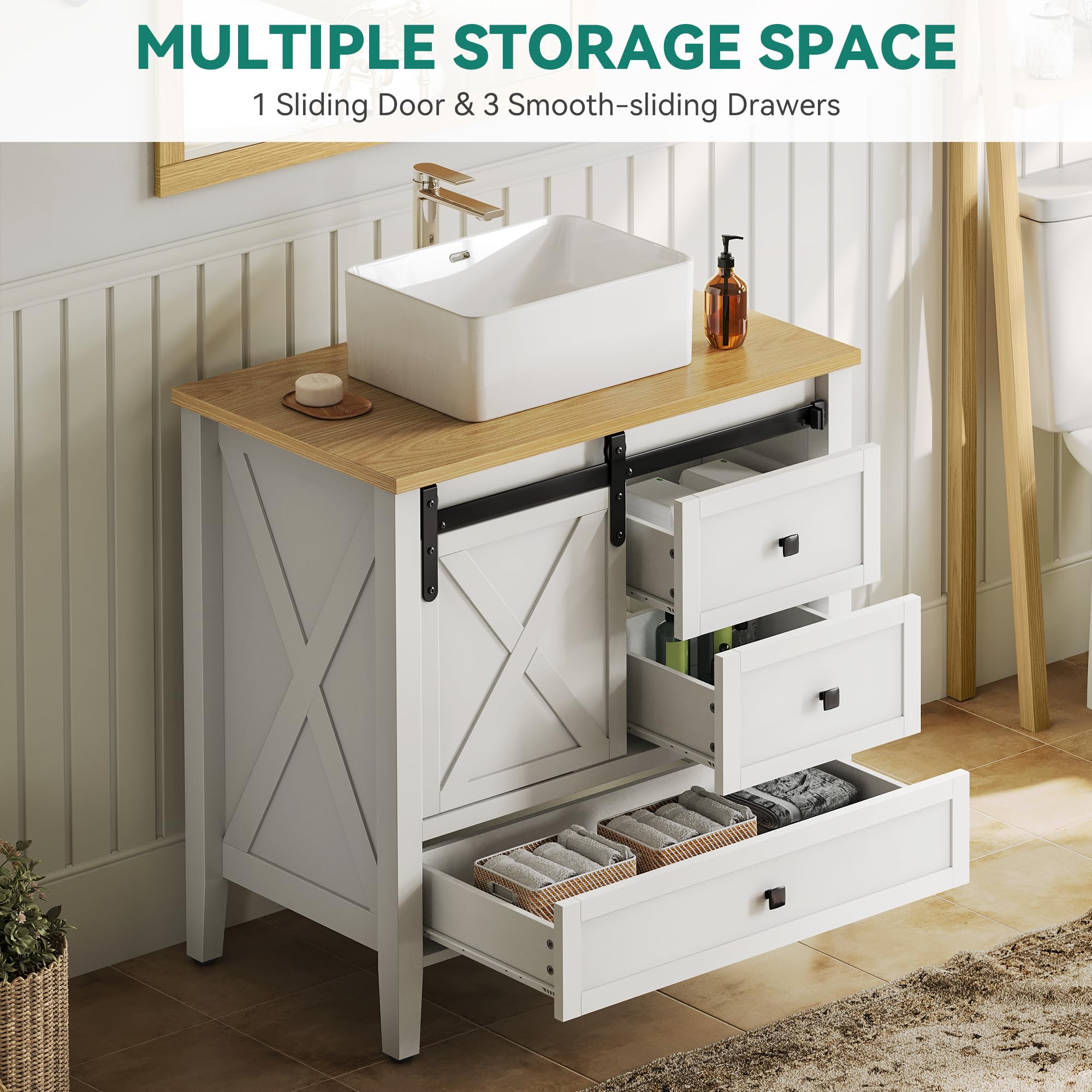 YITAHOME 30 Inch Farmhouse Bathroom Vanity with Sink, Small Space Bathroom Storage Cabinet with Large Drawer, 2 Wood Barn Doors with Built-in Door Racks