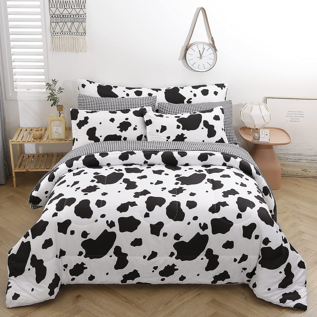 SUCSES Full Size Comforter Set with Sheets 8 Piece Cow Print Bedding Set for Boys Girls Black and White Kids Bed-in-A-Bag Farmhouse Rustic Bed Set for Bedroom (Milk Cow, Full)