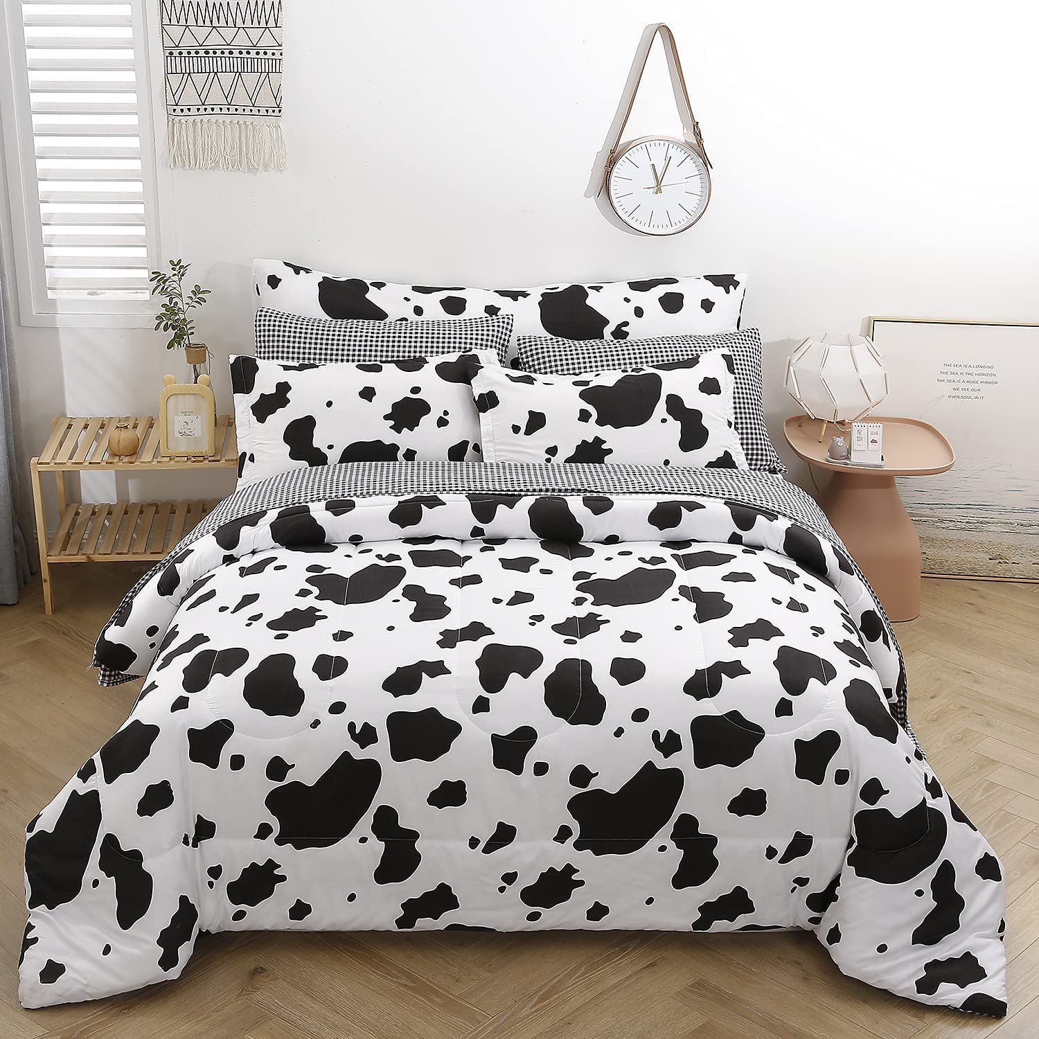 SUCSES Full Size Comforter Set with Sheets 8 Piece Cow Print Bedding Set for Boys Girls Black and White Kids Bed-in-A-Bag Farmhouse Rustic Bed Set for Bedroom (Milk Cow, Full)