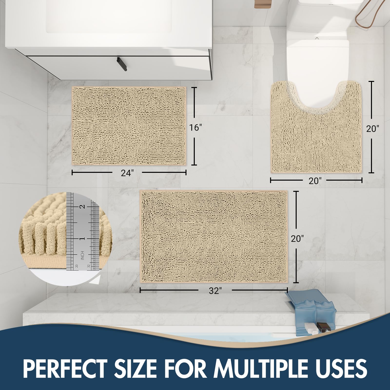 TREETONE Chenille Bath Mat 3 Pieces Bathroom Rugs Set, 20x20 Inches U-Shape Contoured Toilet Mat & 20x32 Inches Rug & Lid Cover,Water Absorbent Plush Rugs for Tub Shower & Bath Room -Beige